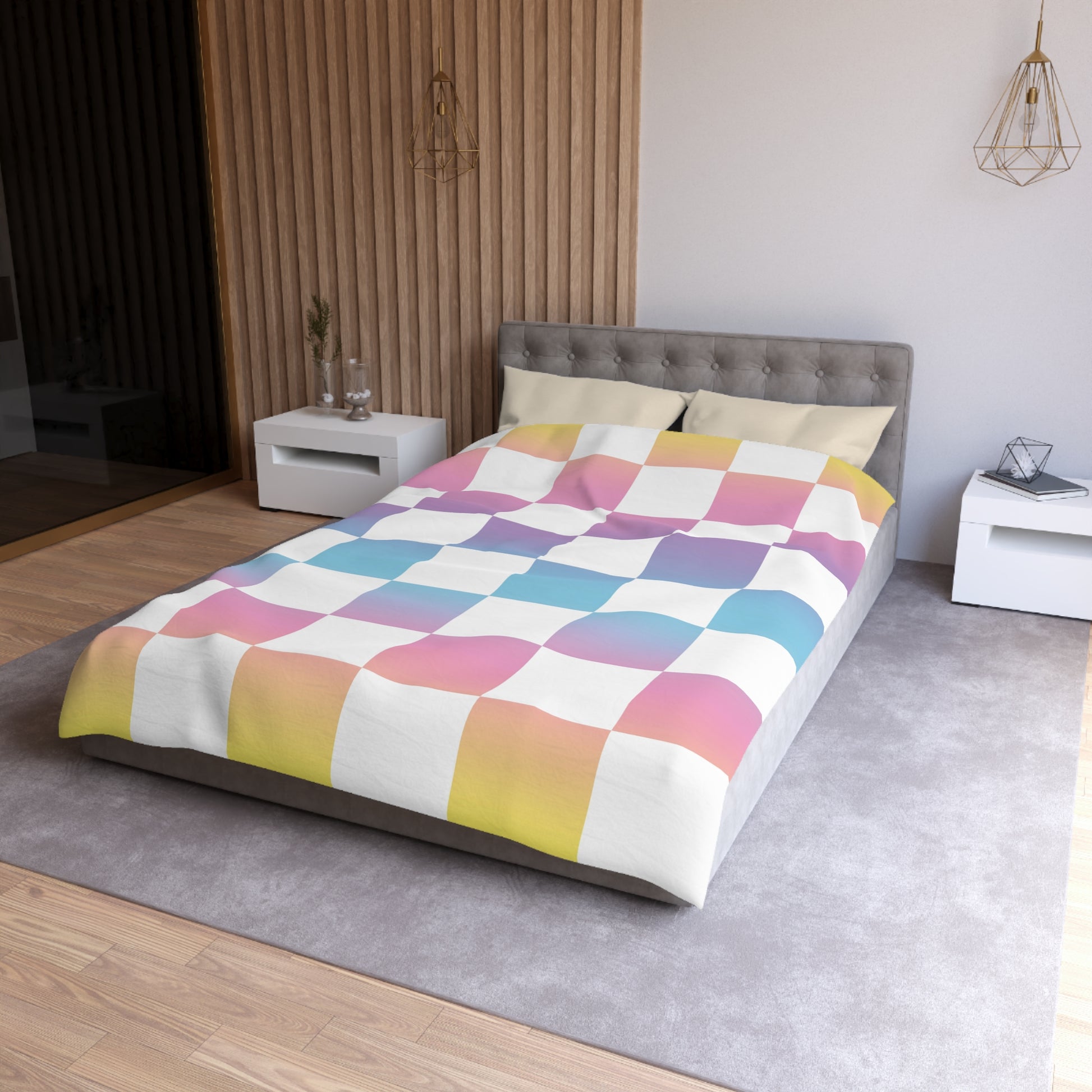 Vaporwave Check Microfiber Duvet Cover, Artsulli - Art is Long, Life is Short, Home Decor, , , , , , , 