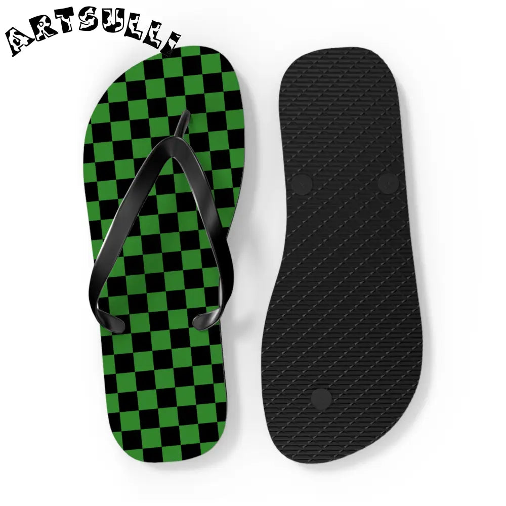 JAKKOUTTHEBXX Checkerboard Green and Black Flip Flops JAKKOUTTHEBXX