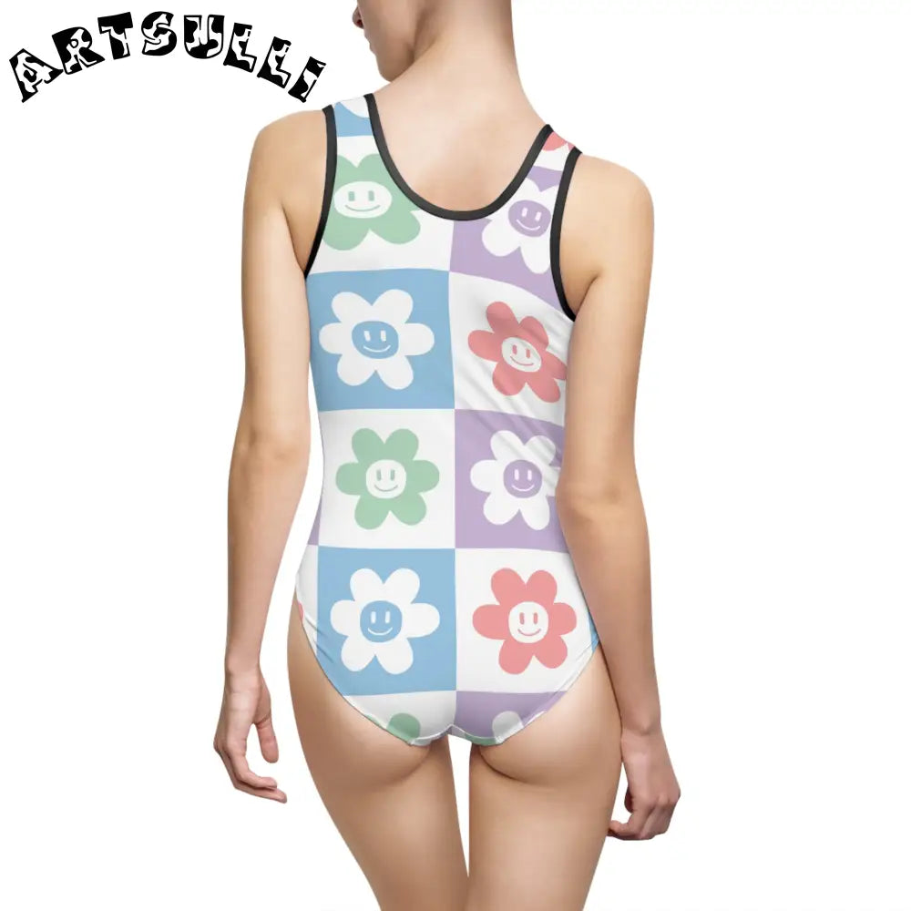 JAKKOUTTHEBXX Checkered Smiley Flower Elastic Strap One Piece Swimsuit 2025