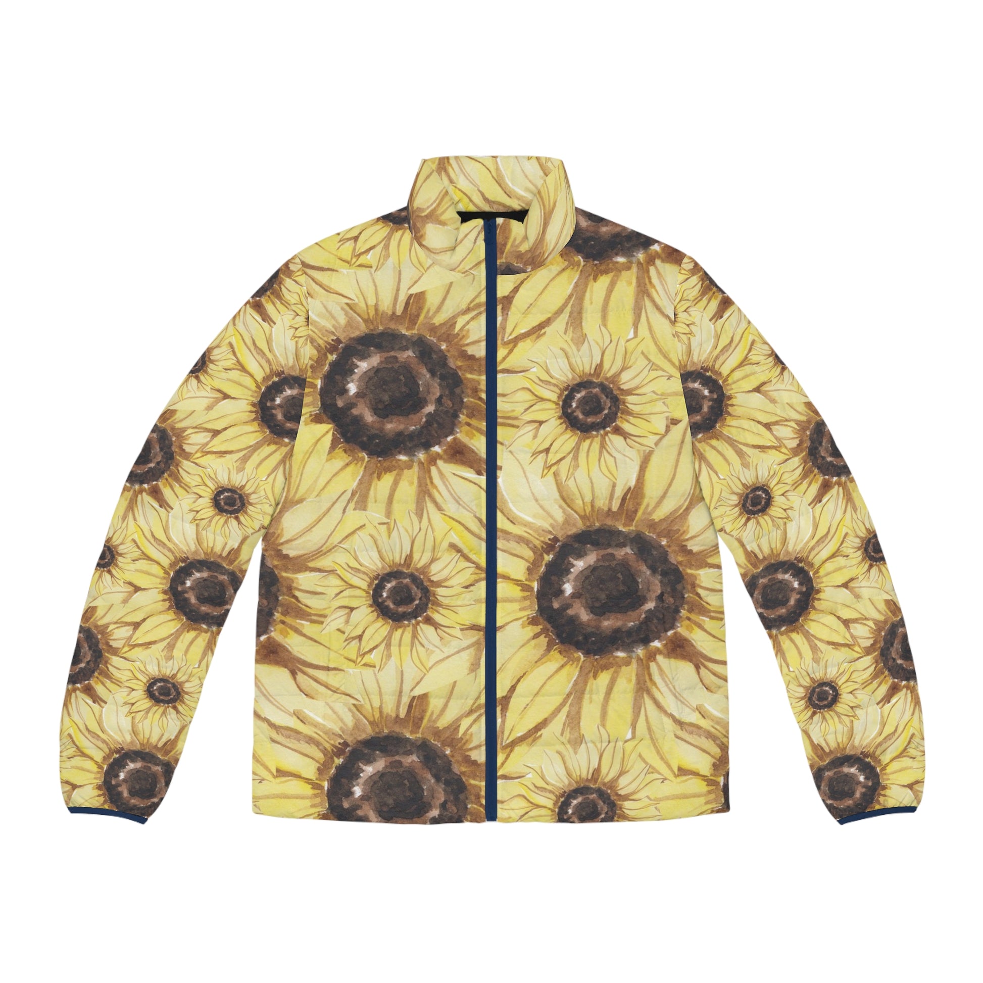 Retro Anime Sunflower Men's Puffer Jacket (AOP), Artsulli - Art is Long, Life is Short, All Over Prints, Size, S, Color, Dark blue zipper, , , 27597302117234852953