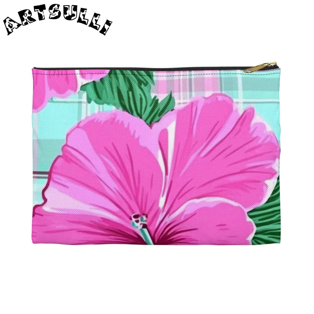 JAKKOUTTHEBXX Pink Hibiscus Plaid Flat Pouch JAKKOUTTHEBXX Artsulli