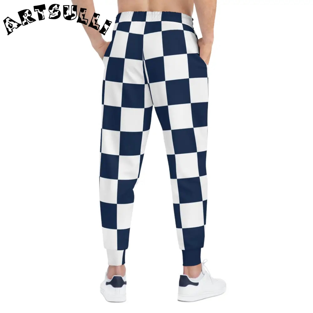 JAKKOUTTHEBXX Checkerboard White and Navy Blue Athletic Joggers