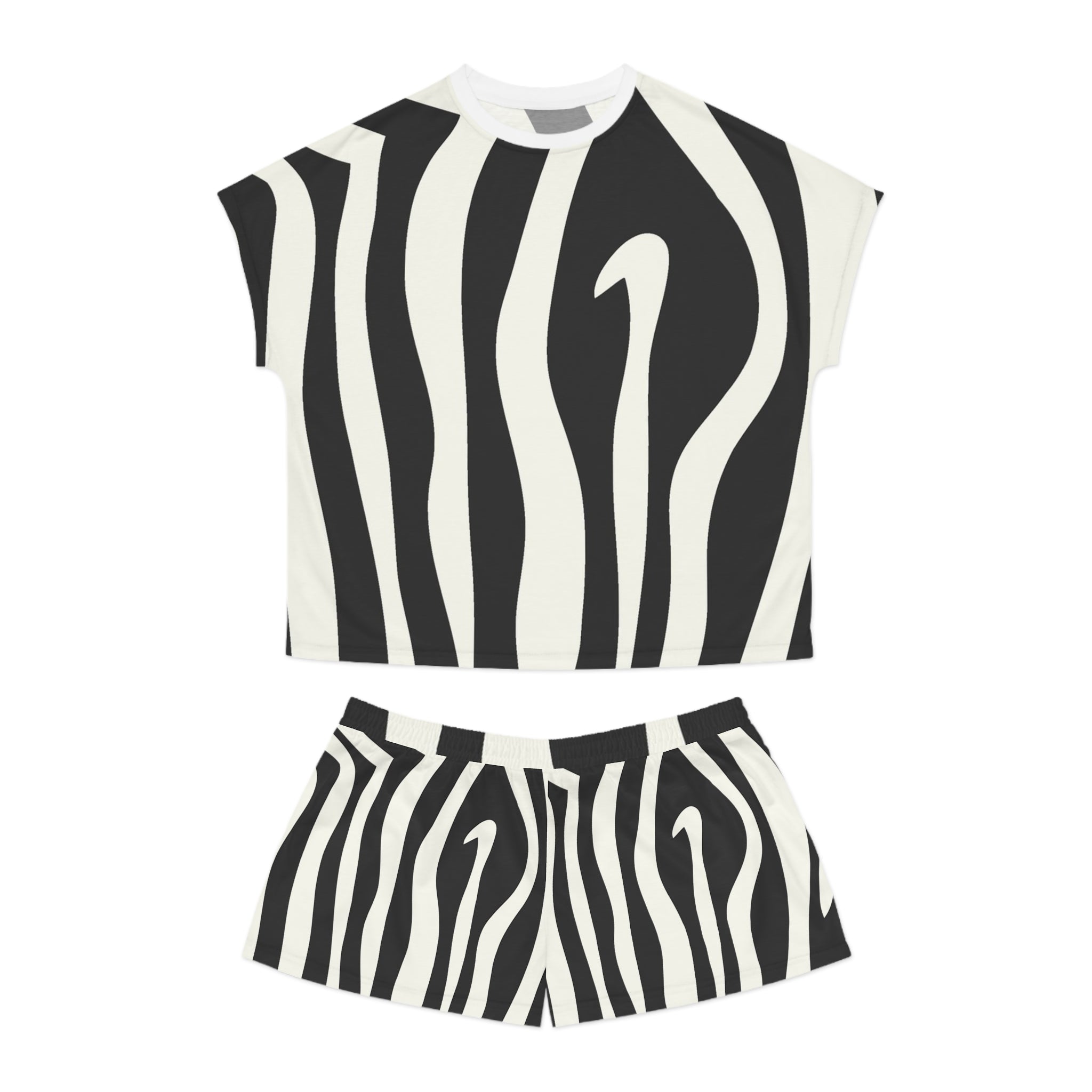 Melting Zebra Stripes Black and White Women's Short Pajama Set (AOP), Artsulli - Art is Long, Life is Short, All Over Prints, Size, S, Color, White, , , 70612806598632