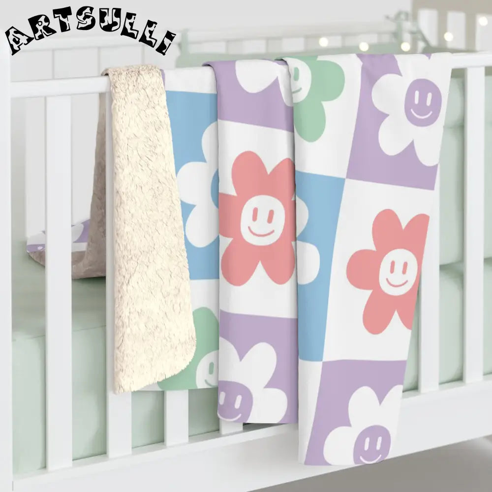 JAKKOUTTHEBXX Smiling Flower Checkerboard Sherpa Fleece Blanket 2025