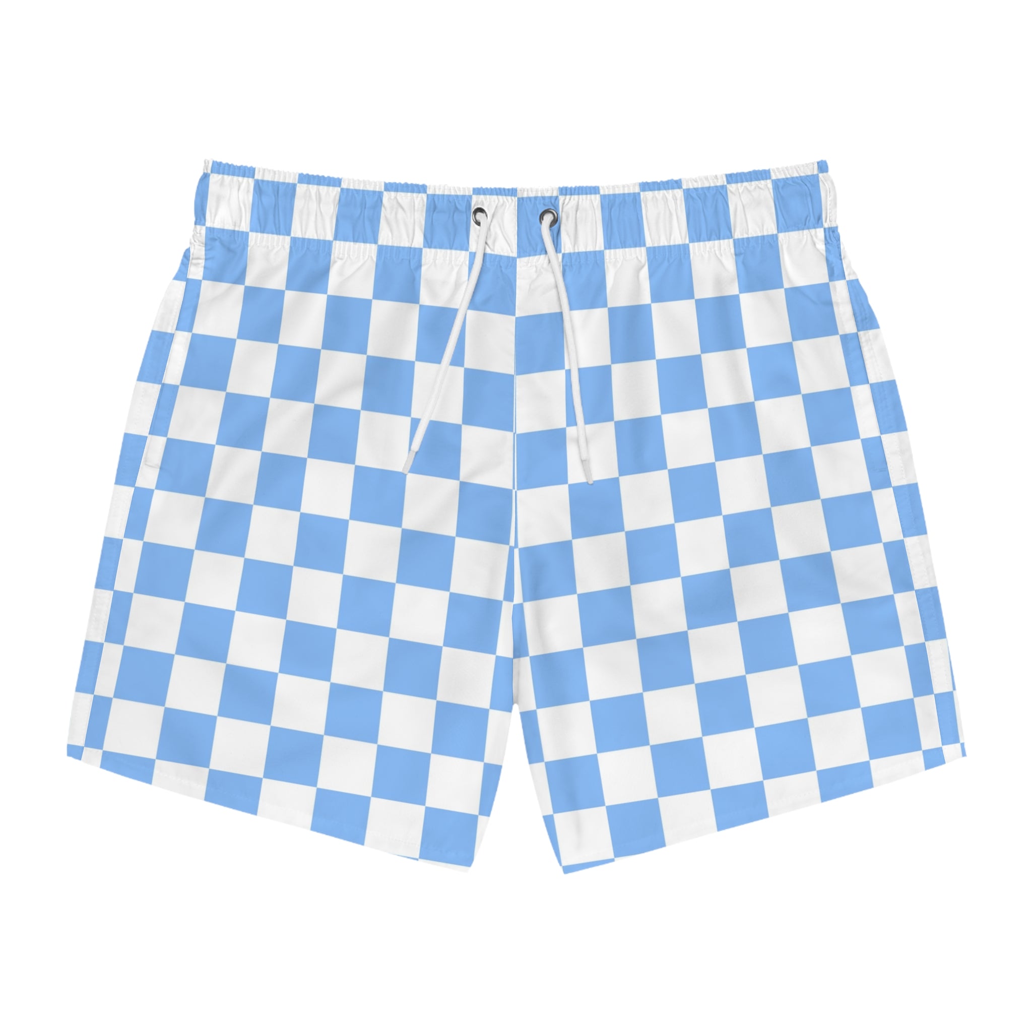 Checkerboard II White and Light Blue Swim Trunks (AOP), Artsulli - Art is Long, Life is Short, All Over Prints, Size, XS, Color, Seam thread color automatically matched to design, , , 19888128387547658816