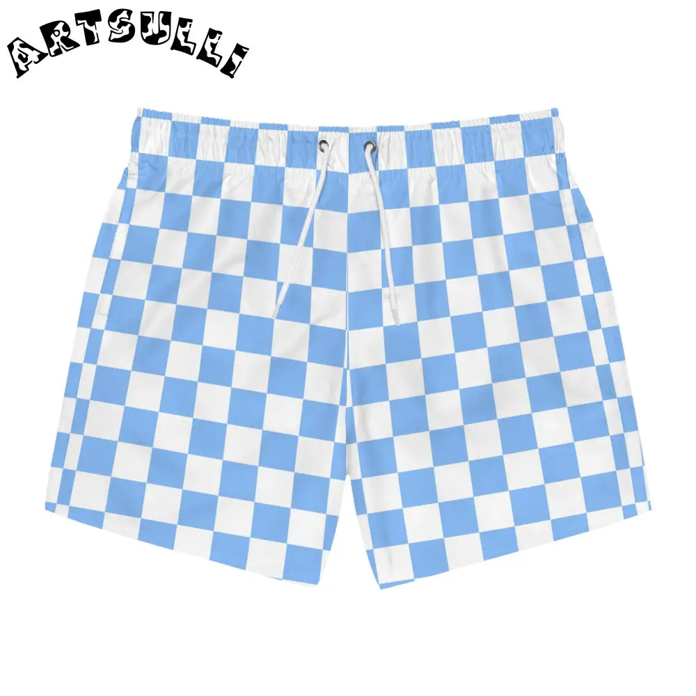 JAKKOUTTHEBXX Checkerboard II White and Light Blue Swim Trunks (AOP)