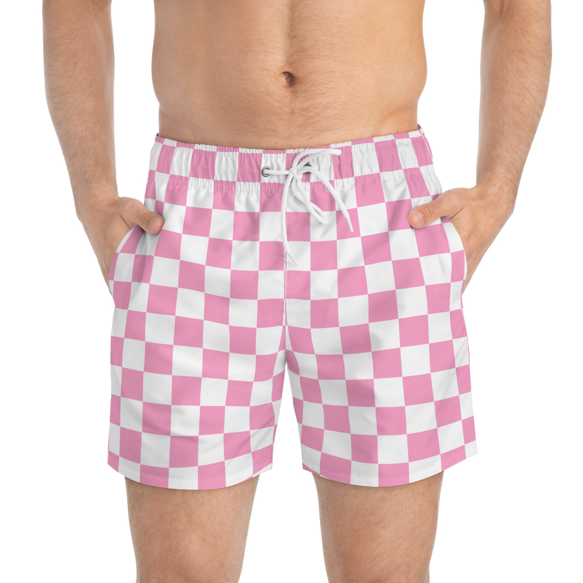 Checkerboard Hot Pink and White Swim Trunks (AOP), Artsulli - Art is Long, Life is Short, All Over Prints, , , , , , , 