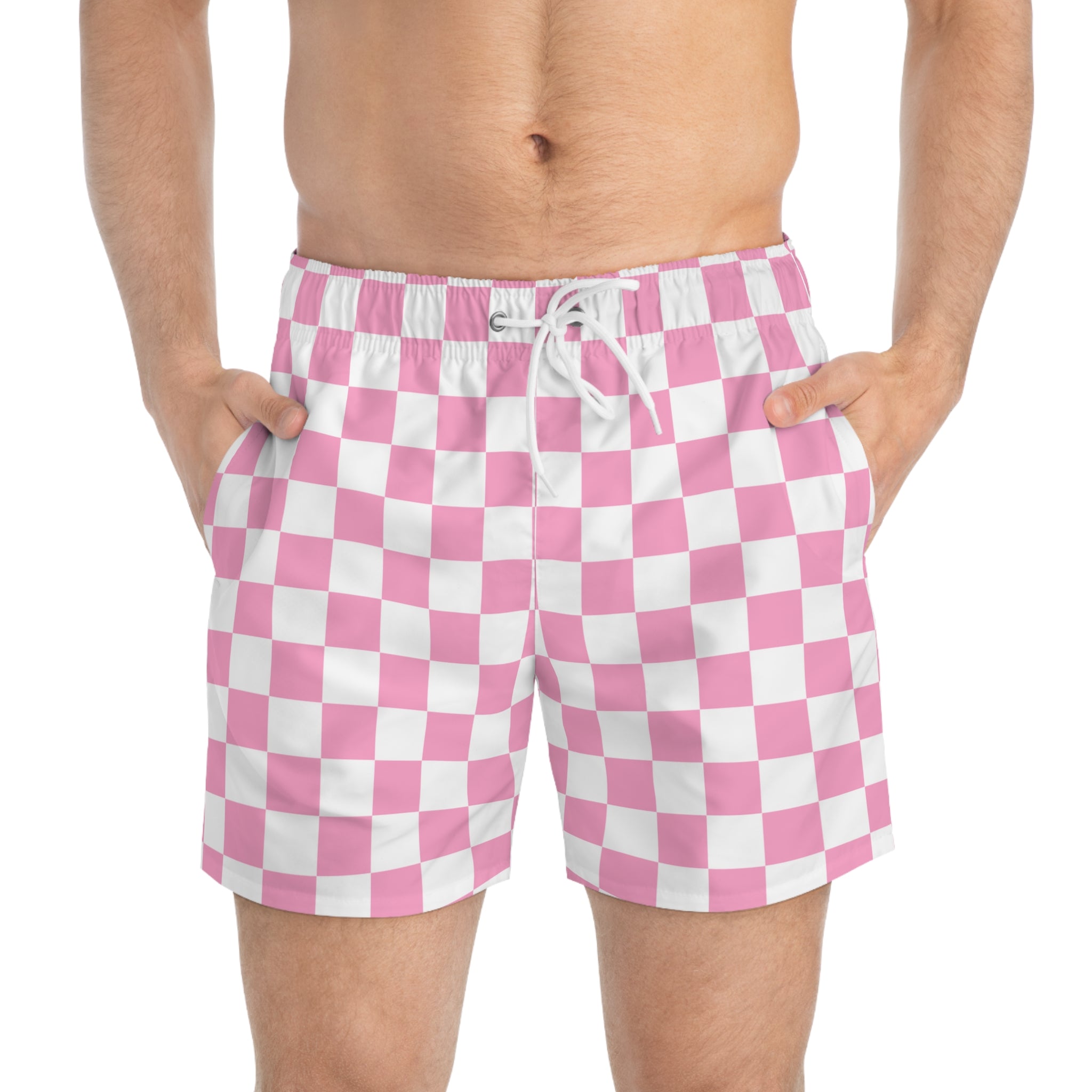 Checkerboard Hot Pink and White Swim Trunks (AOP), Artsulli - Art is Long, Life is Short, All Over Prints, , , , , , , 