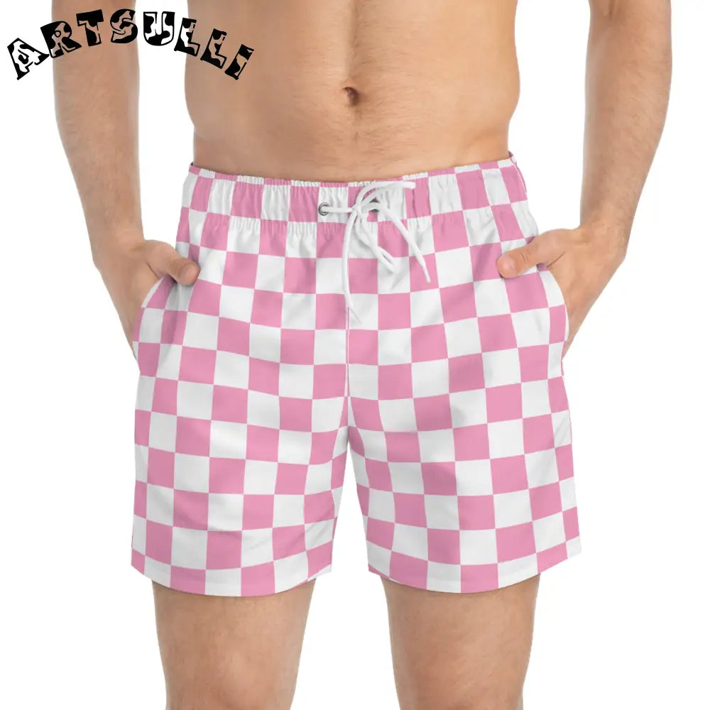 JAKKOUTTHEBXX Checkerboard Hot Pink and White Swim Trunks (AOP)