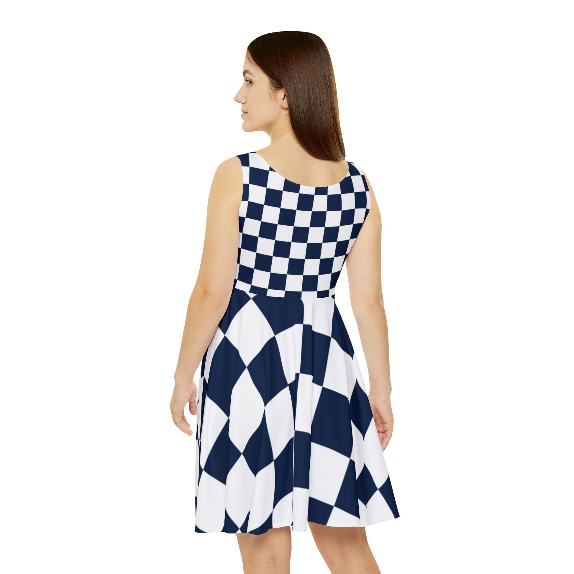 Checkerboard White and Navy Blue Women's Skater Dress (AOP), Artsulli - Art is Long, Life is Short, All Over Prints, , , , , , , 