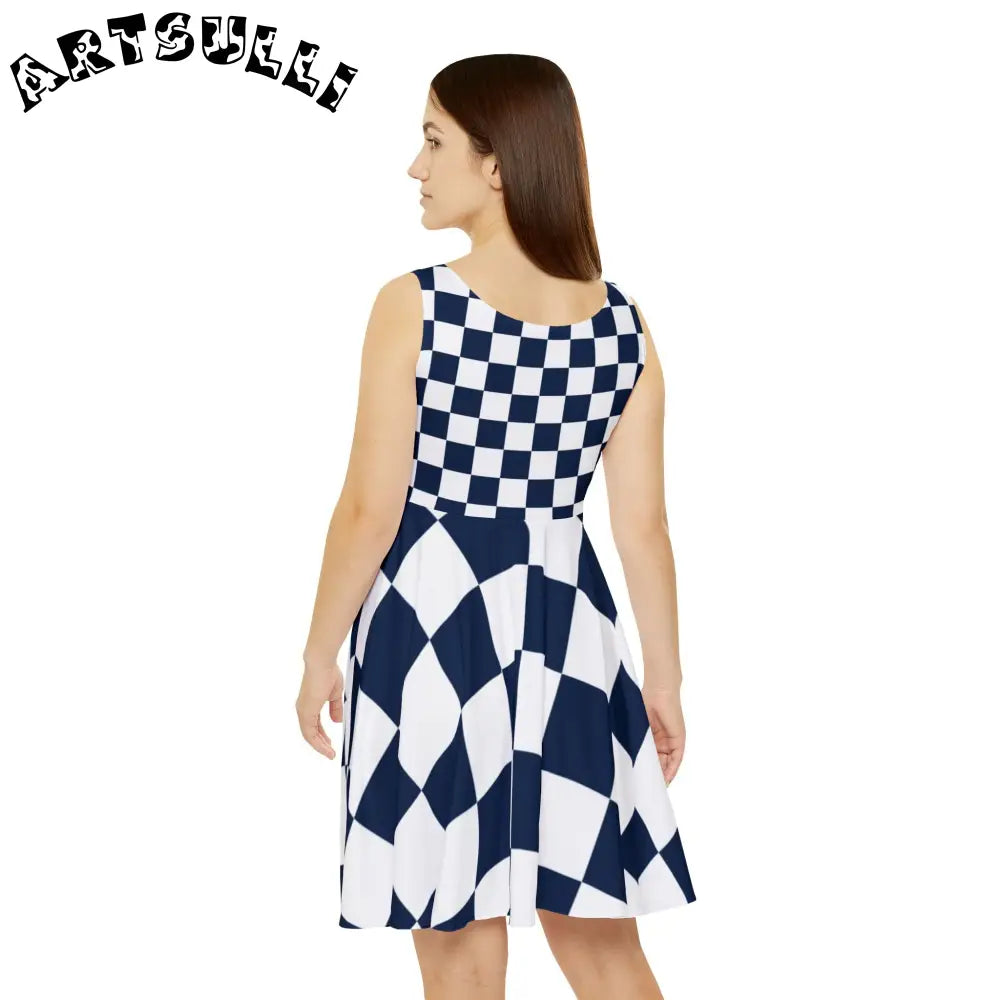 JAKKOUTTHEBXX Checkerboard White and Navy Blue Women’s Skater Dress