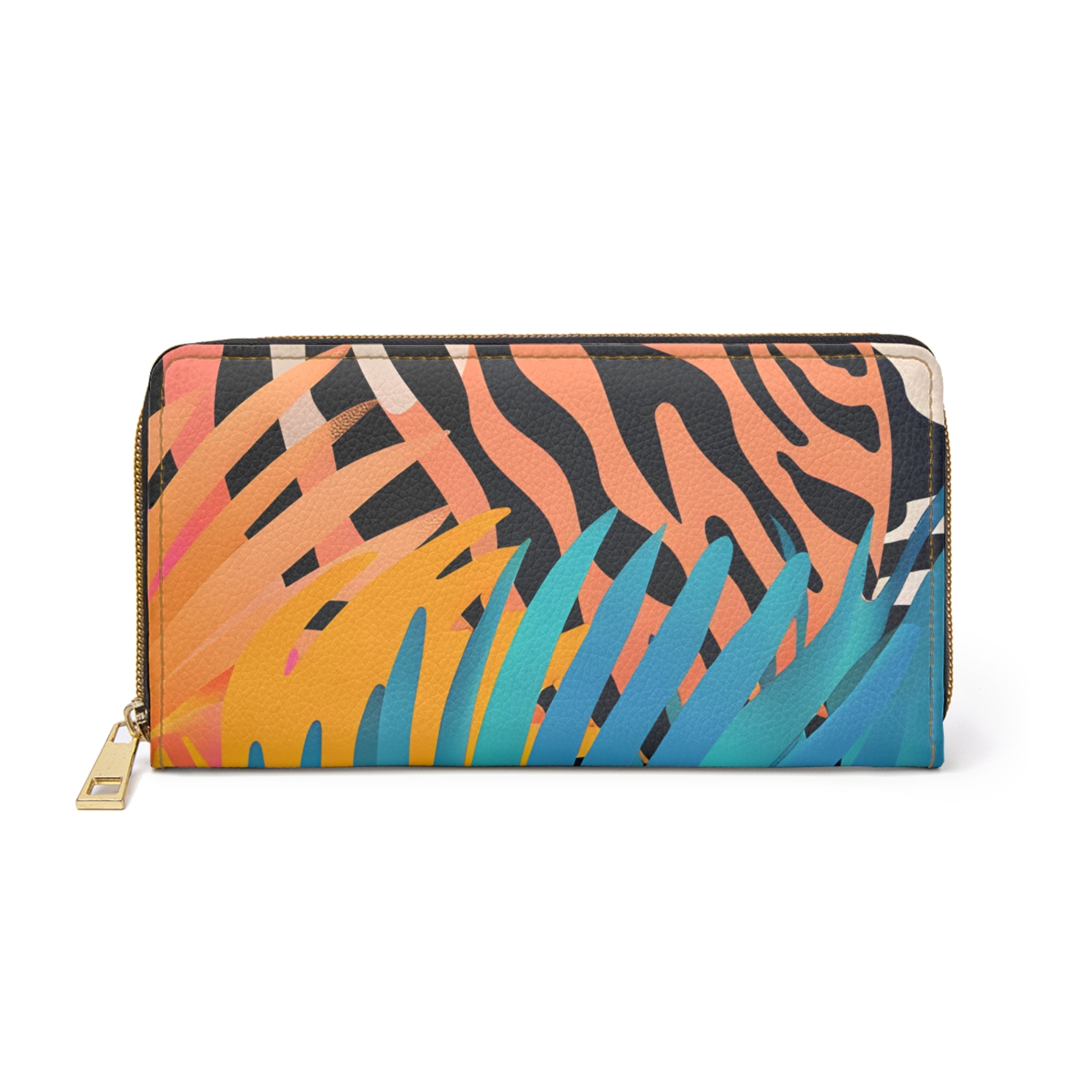 Palm Leaves x Zebra Stripes x Tiger Stripes Orange and Blue Zipper Wallet, Artsulli - Art is Long, Life is Short, Accessories, Size, One size, Color, White, , , 91341266660635