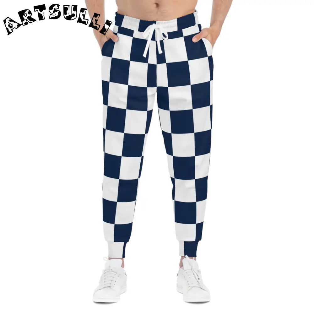 JAKKOUTTHEBXX Checkerboard White and Navy Blue Athletic Joggers