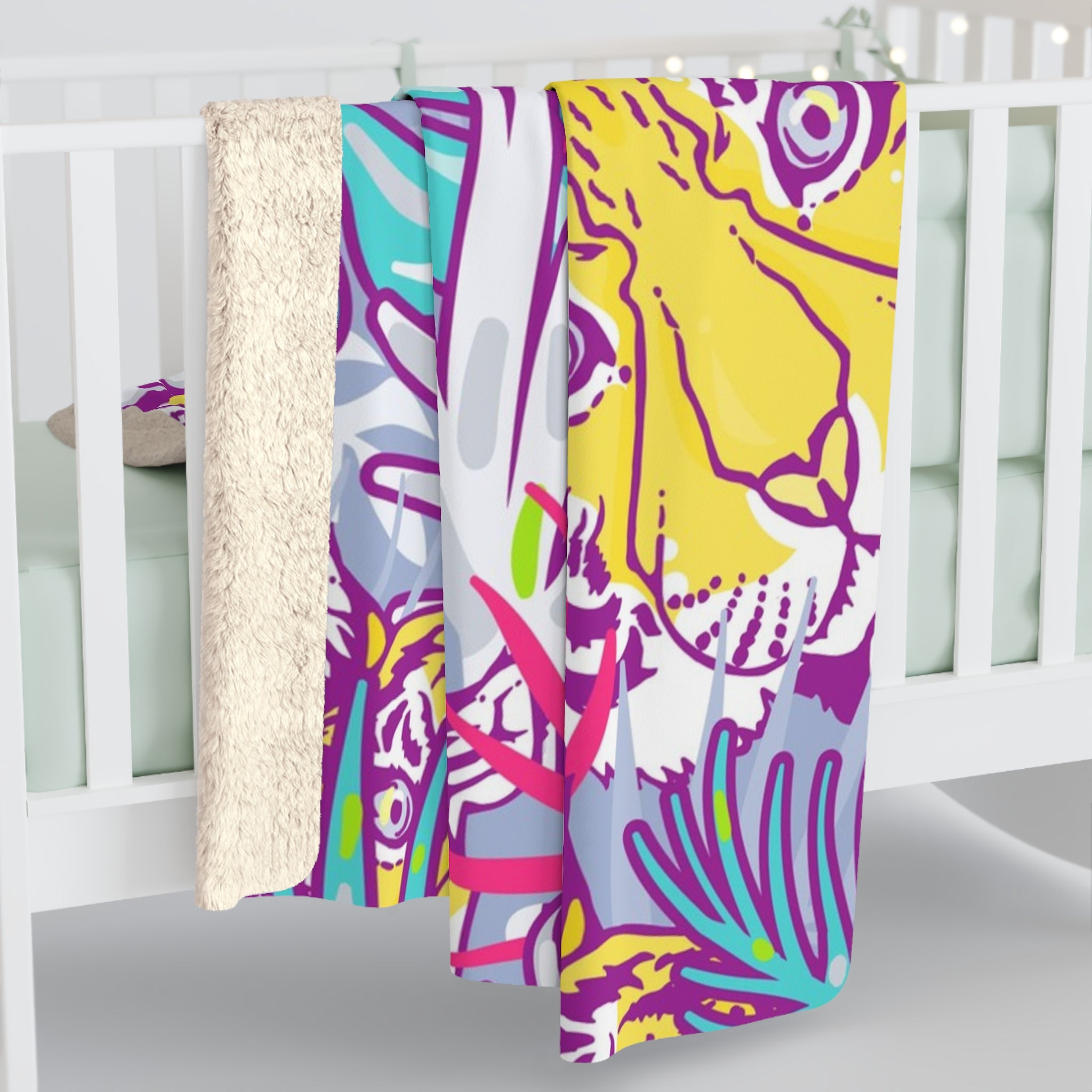 Tropical Floral Tigers Torquise and Purple Sherpa Fleece Blanket, Artsulli - Art is Long, Life is Short, Home Decor, , , , , , , 