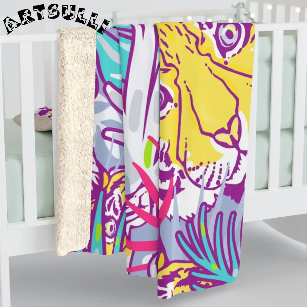 JAKKOUTTHEBXX Tropical Floral Tigers Torquise and Purple Sherpa