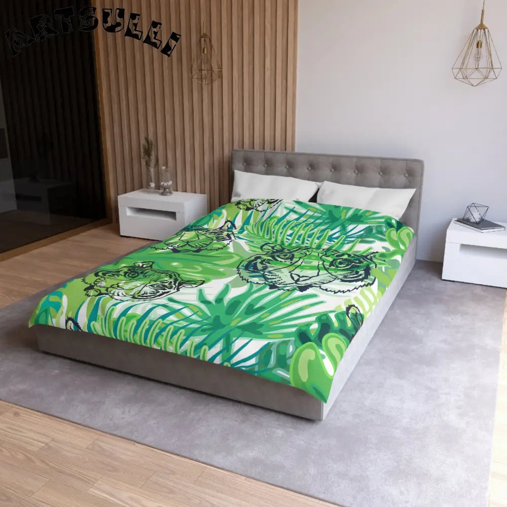 JAKKOUTTHEBXX Tropical Jungle Tigers Green Microfiber Duvet Cover