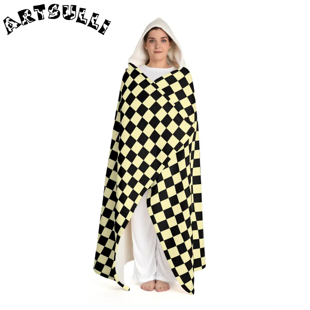JAKKOUTTHEBXX Checkerboard II Black and Yellow Hooded Sherpa Fleece