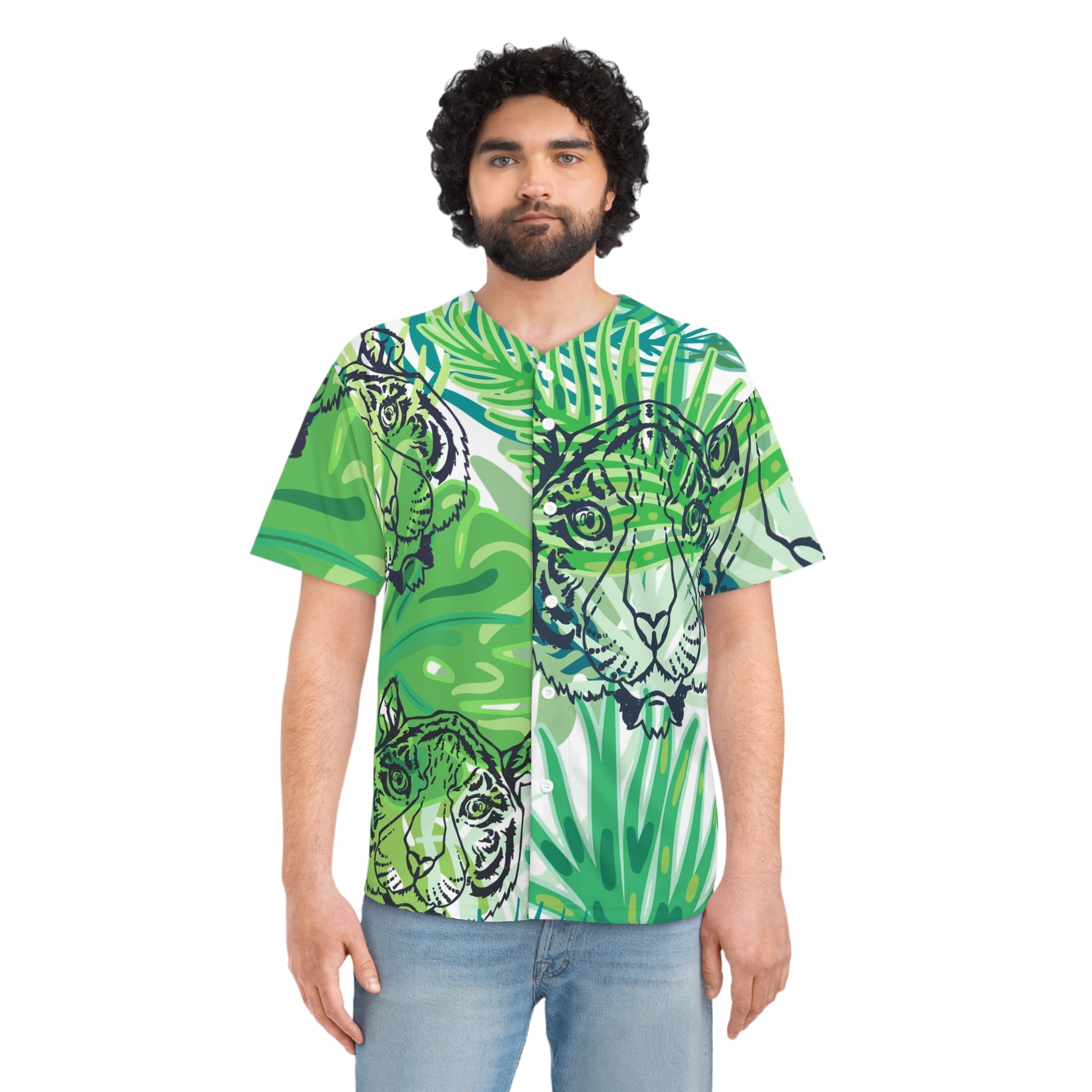 Tropical Jungle Tigers Green Men's Baseball Jersey (AOP), Artsulli - Art is Long, Life is Short, All Over Prints, , , , , , , 