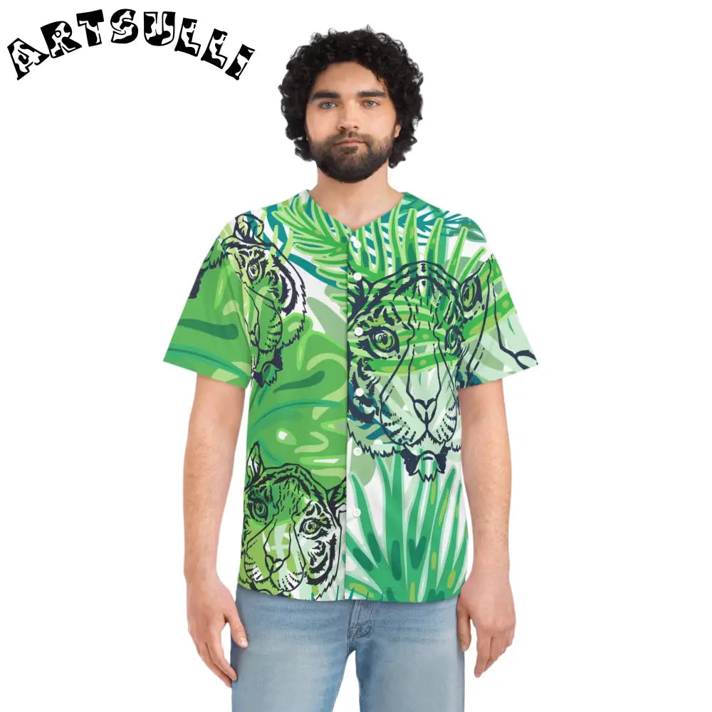JAKKOUTTHEBXX Tropical Jungle Tigers Green Men’s Baseball Jersey