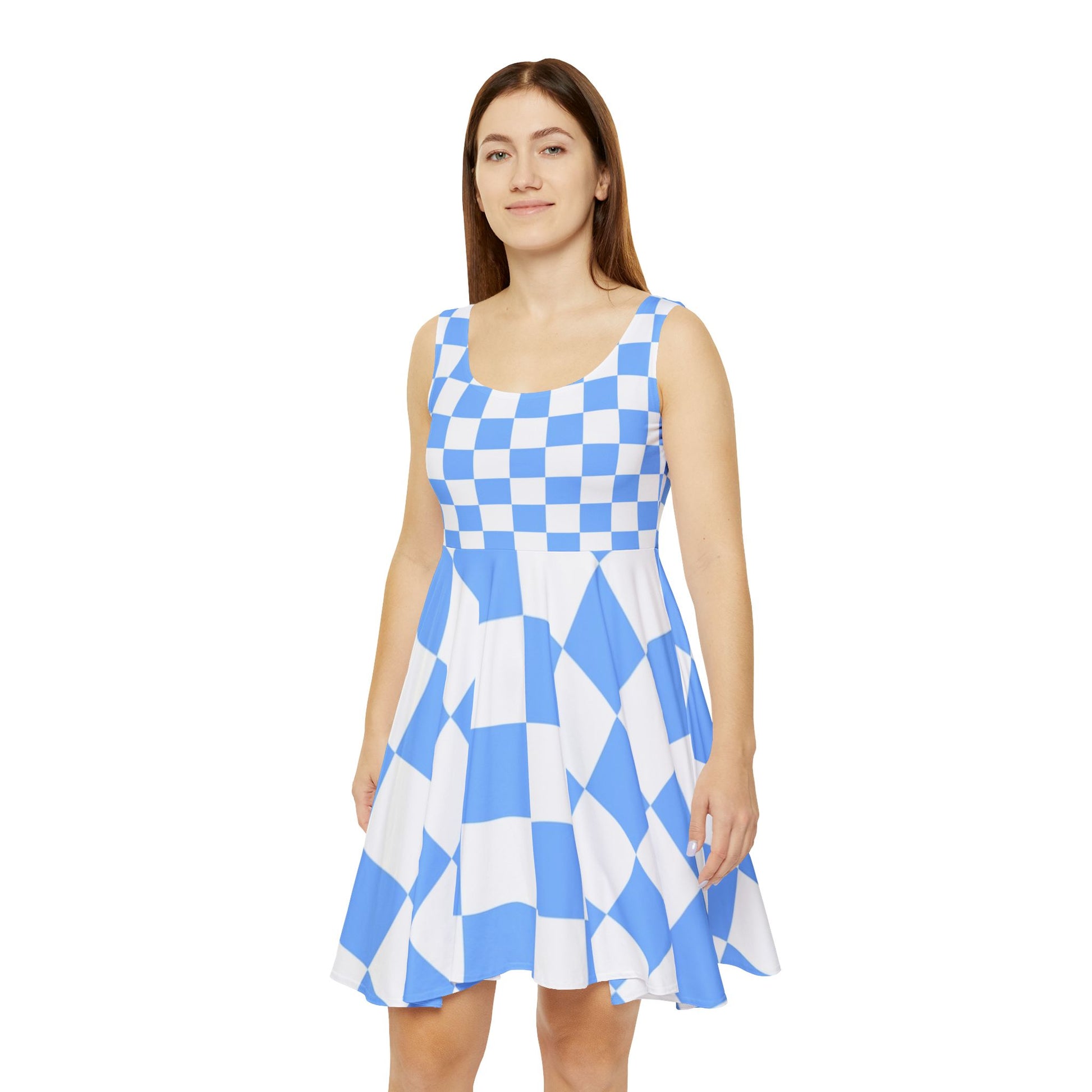 Checkerboard White and Light Blue Women's Skater Dress (AOP), Artsulli - Art is Long, Life is Short, All Over Prints, , , , , , , 