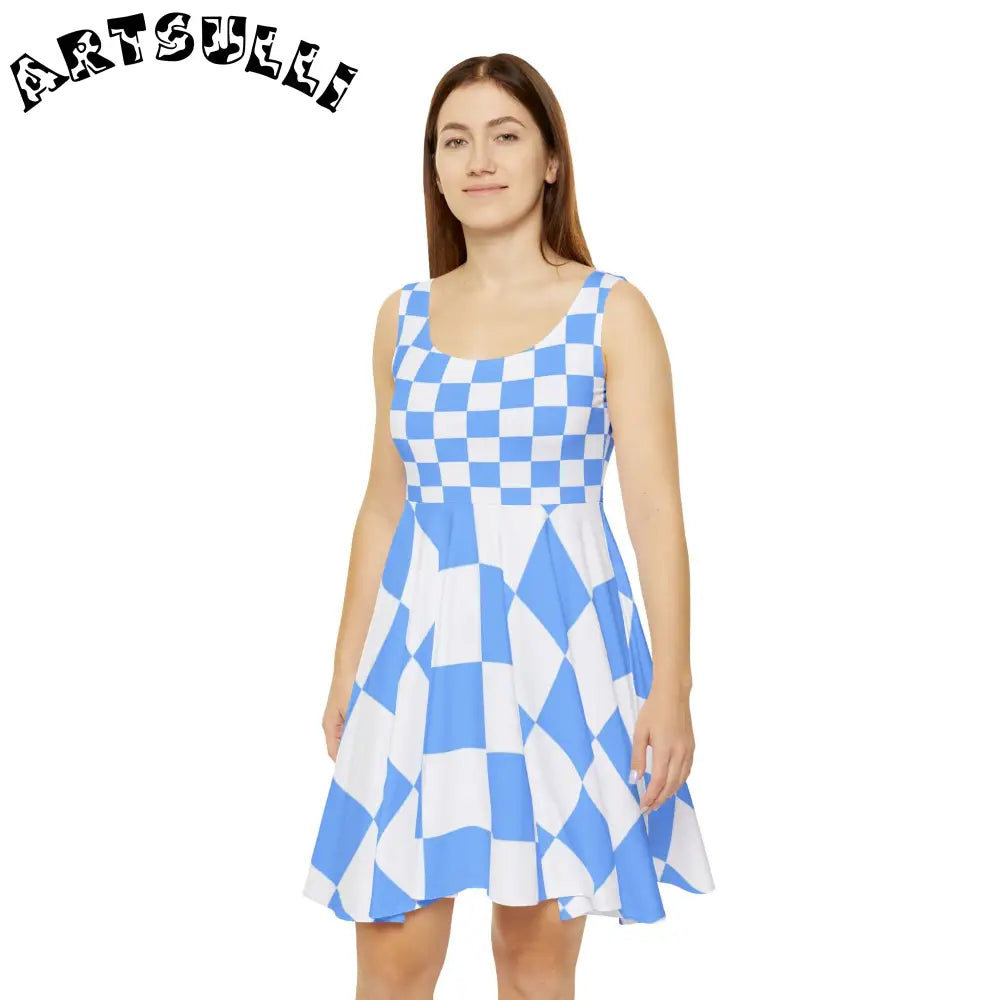 JAKKOUTTHEBXX Checkerboard White and Light Blue Women’s Skater Dress