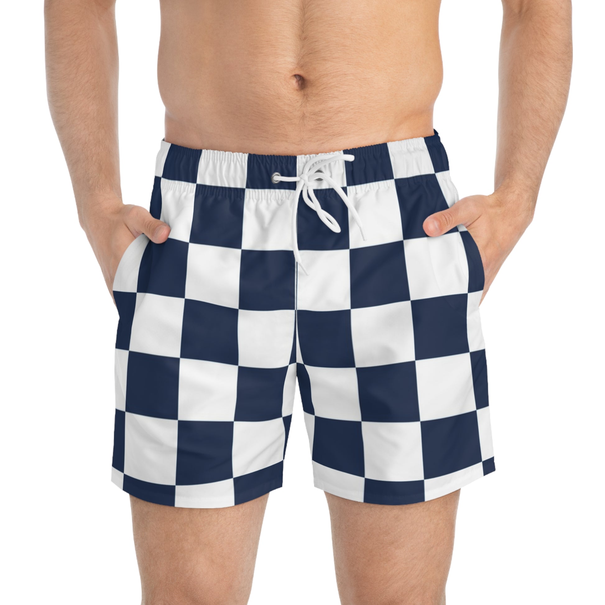 Checkerboard White and Navy Blue Swim Trunks (AOP), Artsulli - Art is Long, Life is Short, All Over Prints, , , , , , , 