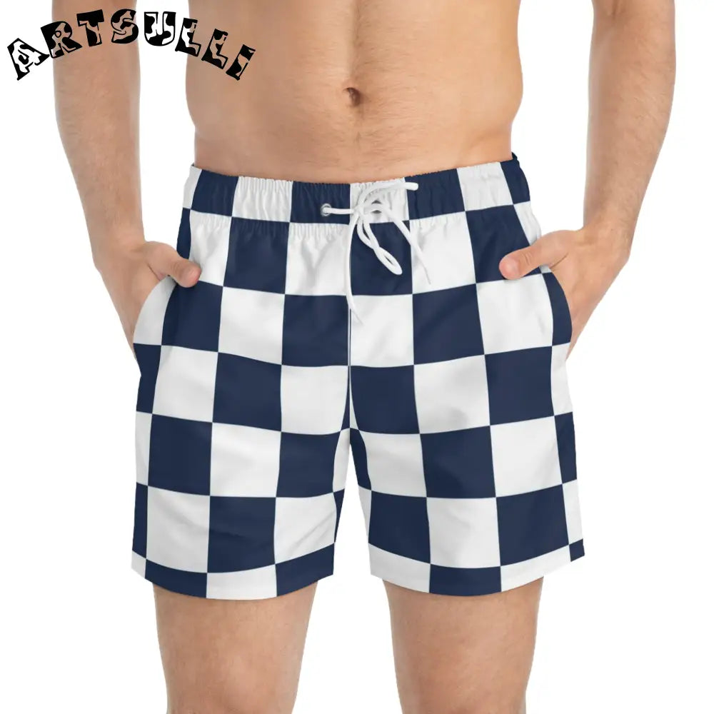 JAKKOUTTHEBXX Checkerboard White and Navy Blue Swim Trunks (AOP)