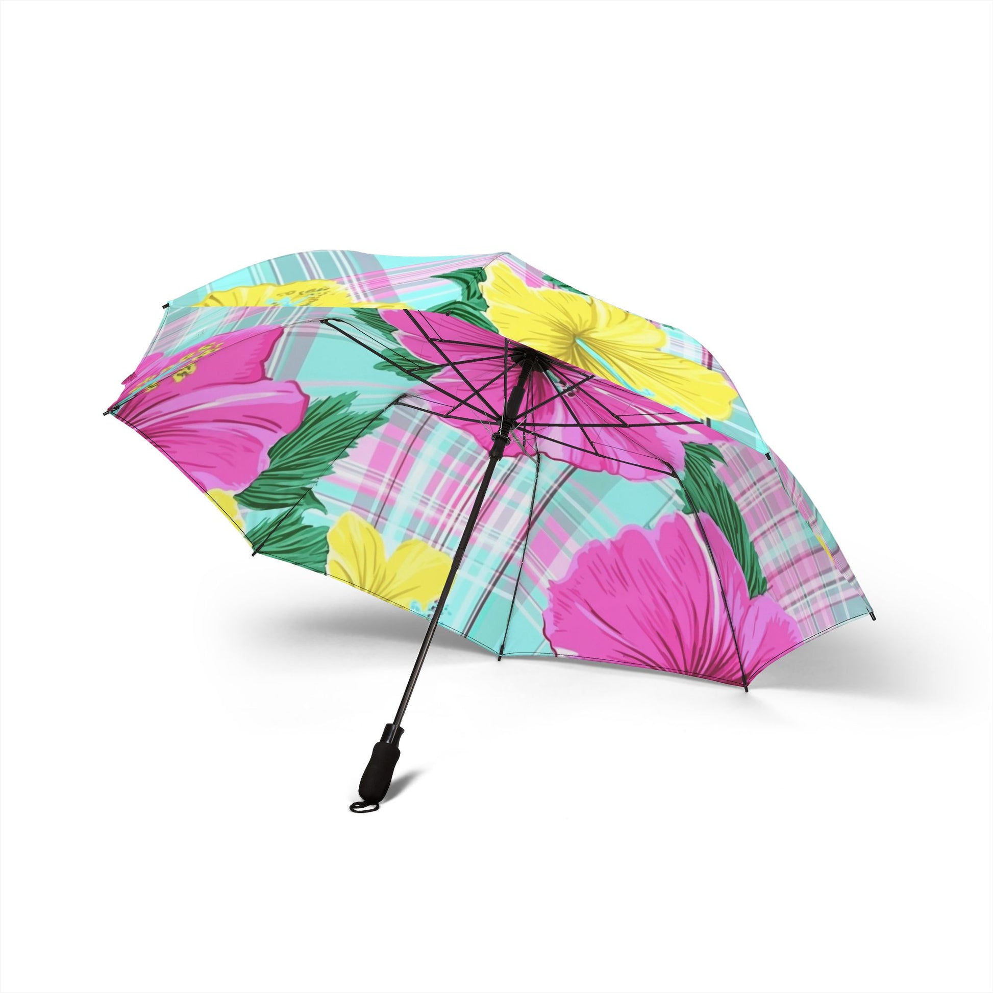 Plaid Hibiscus Pink and Yellow Semi-Automatic Foldable Umbrella, Artsulli - Art is Long, Life is Short, Accessories, , , , , , , 