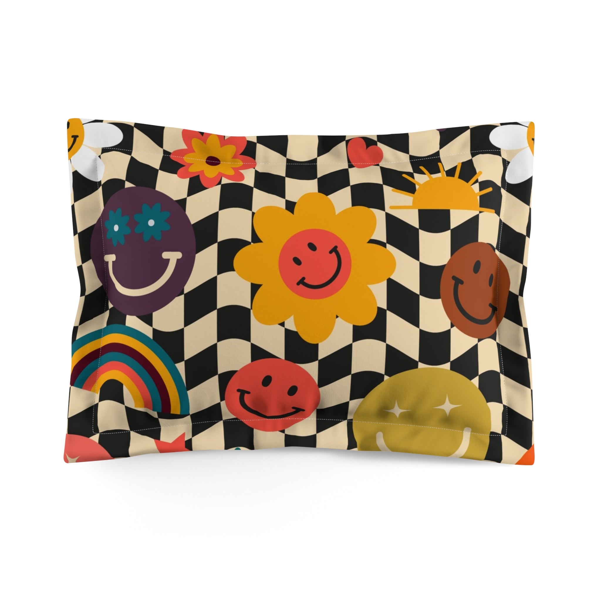 Trippy x Wavy Checkerboard x Smiley Face x Rainbow x Flowers Multi-Color Microfiber Pillow Sham, Artsulli - Art is Long, Life is Short, Home Decor, Size, Standard, , , , , 18371965598626996535