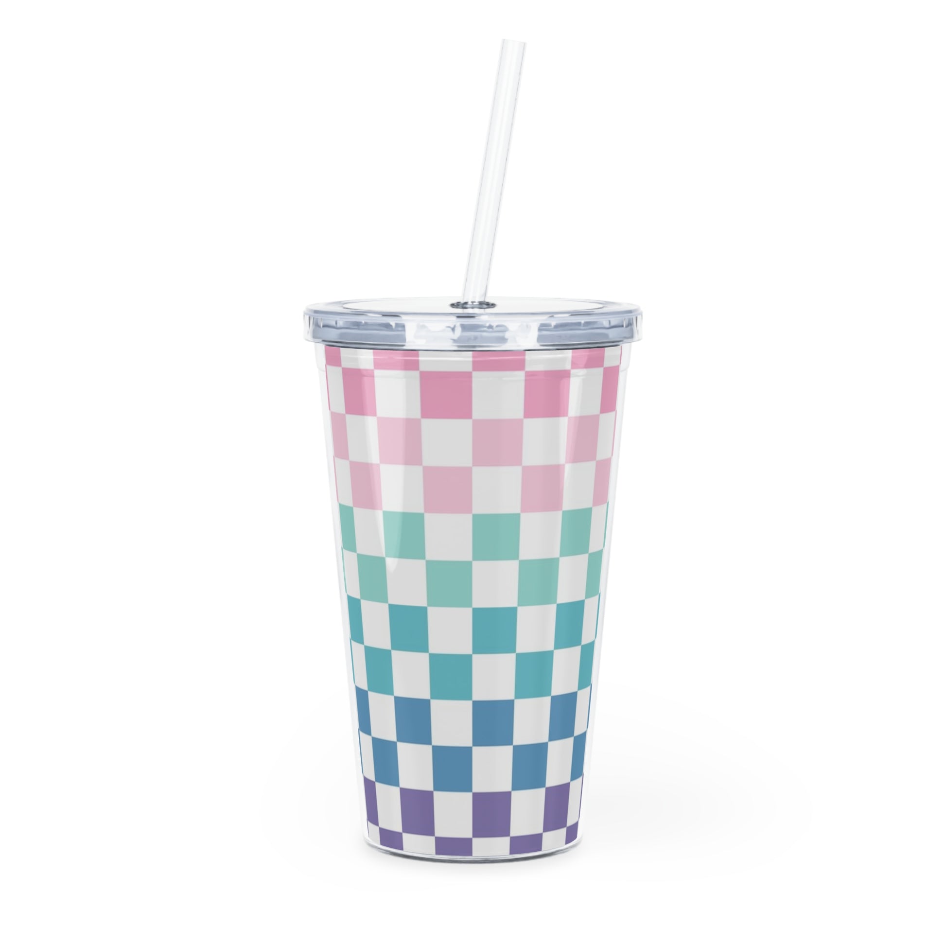 Vaporwave Rainbow  Checkerboard Multi-Color Plastic Tumbler with Straw, Artsulli - Art is Long, Life is Short, Mug, Size, 20oz, Color, Transparent, , , 11992682305296853489