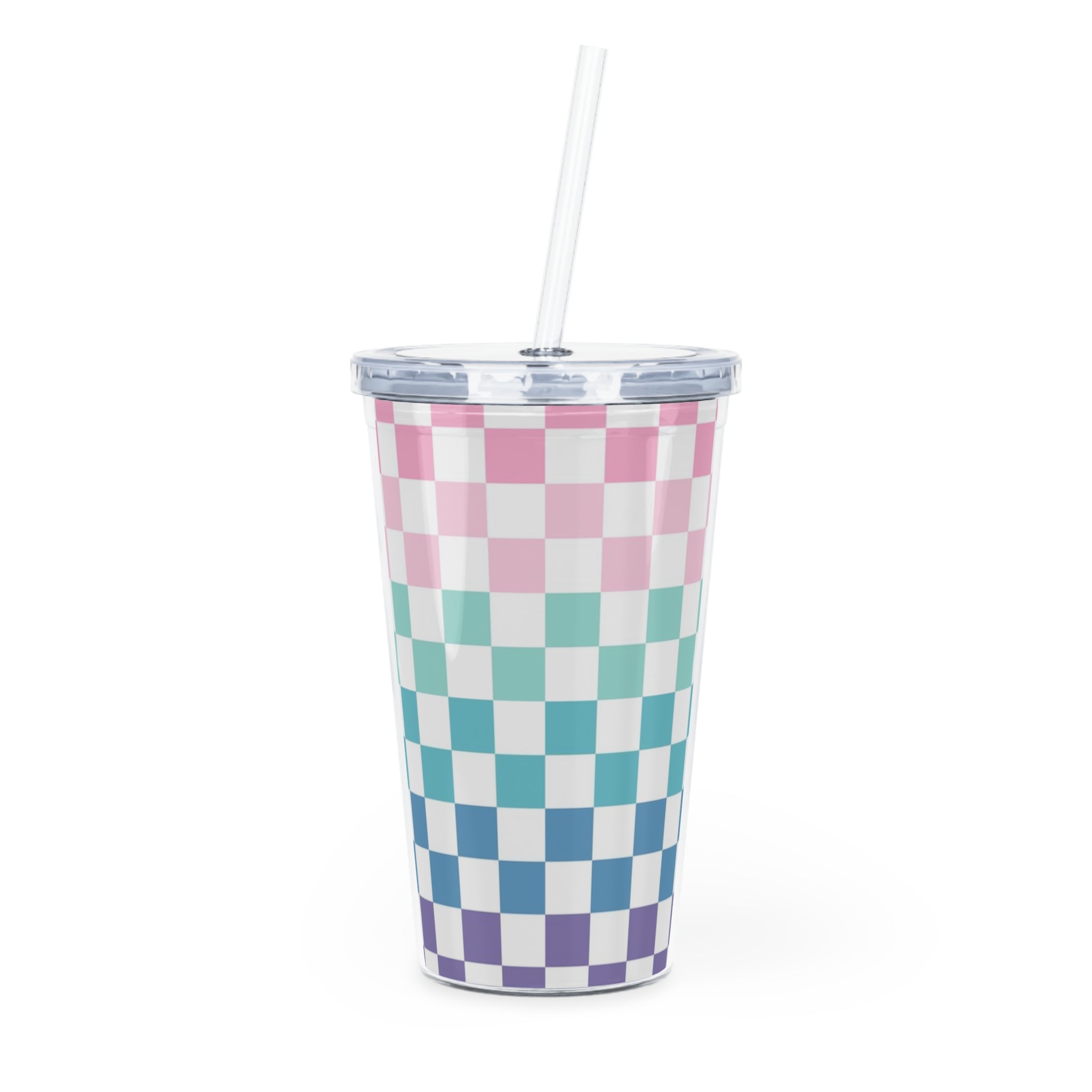 Vaporwave Rainbow  Checkerboard Multi-Color Plastic Tumbler with Straw, Artsulli - Art is Long, Life is Short, Mug, Size, 20oz, Color, Transparent, , , 11992682305296853489