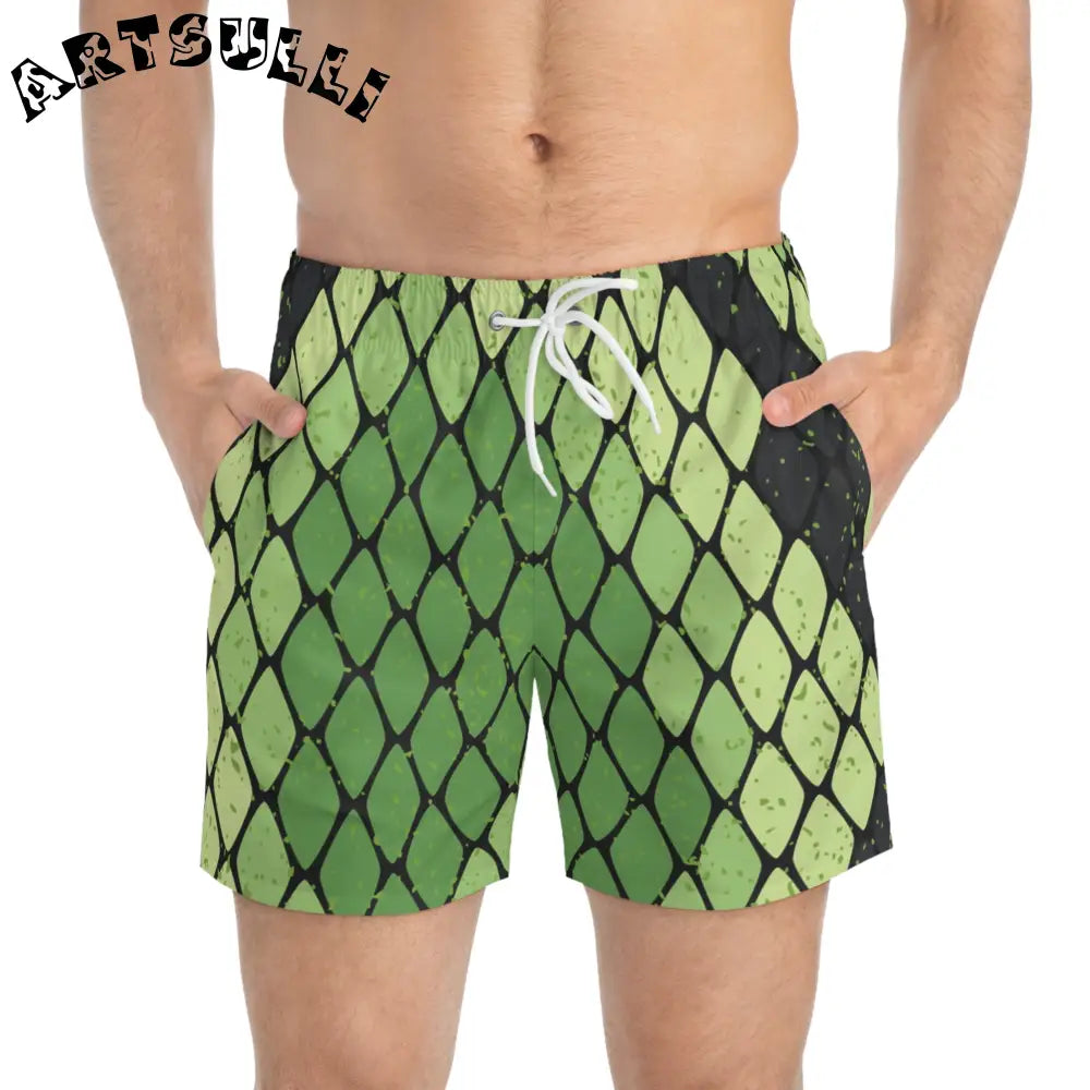 JAKKOUTTHEBXX Snake Skin Green and Black Swim Trunks (AOP)