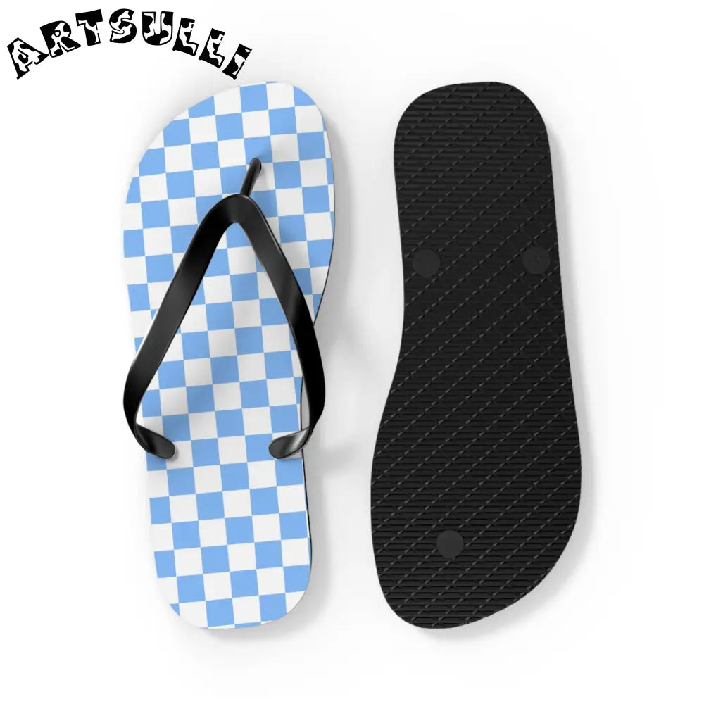 JAKKOUTTHEBXX Checkerboard White and Light Blue Flip Flops