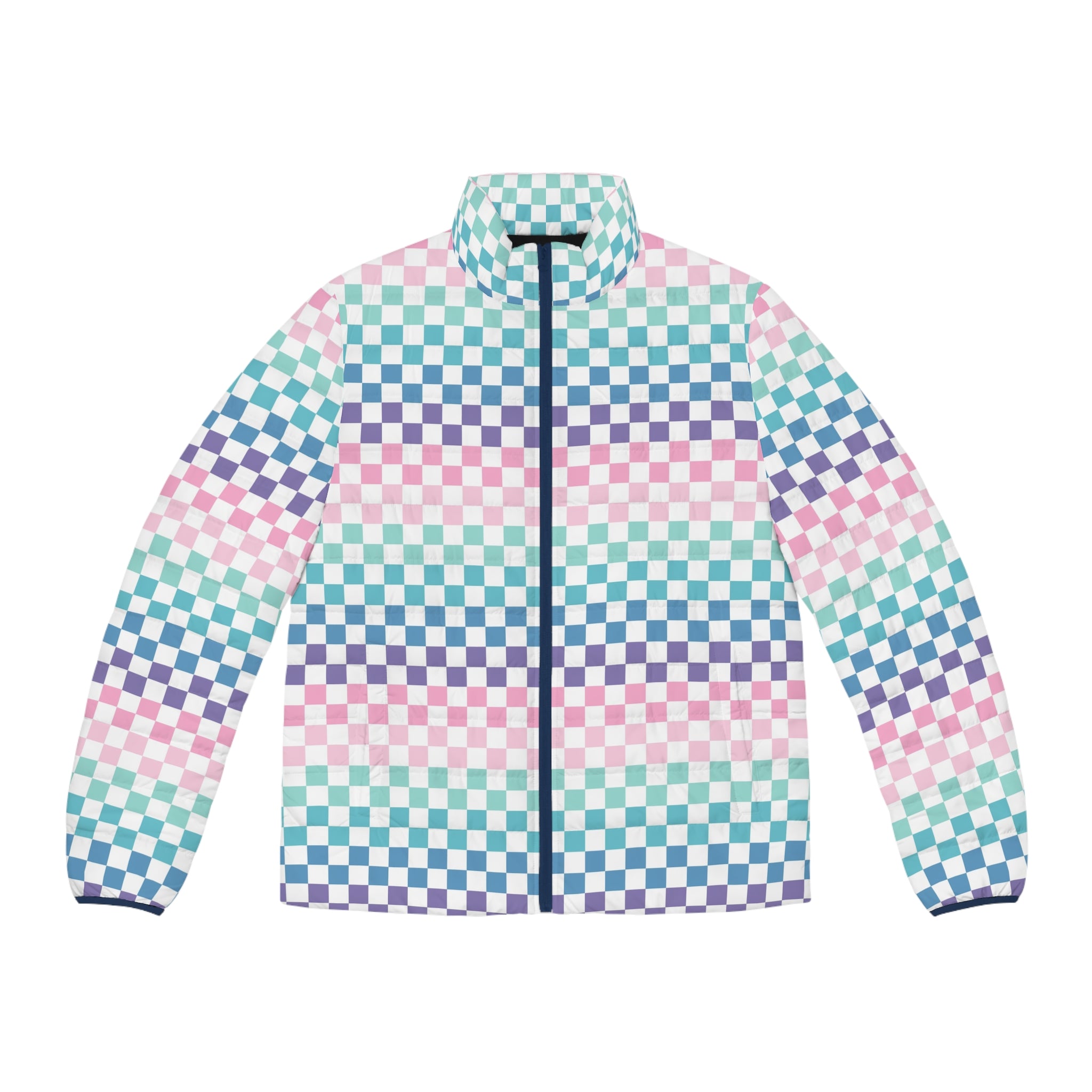 Vaporwave Rainbow  Checkerboard Multi-Color Men's Puffer Jacket (AOP), Artsulli - Art is Long, Life is Short, All Over Prints, Size, S, Color, Dark blue zipper, , , 66713911625395338196