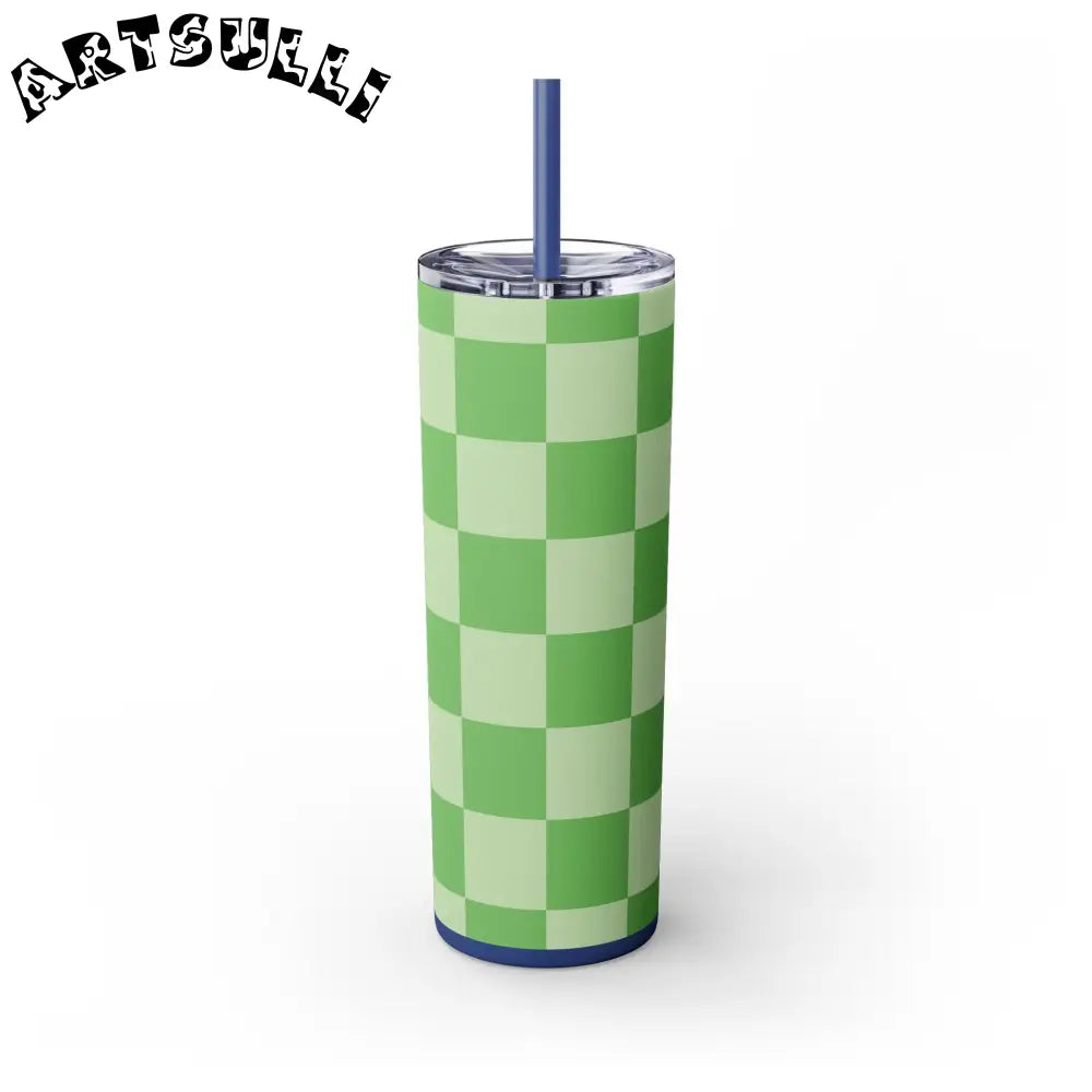 JAKKOUTTHEBXX Checkerboard Green Skinny Tumbler with Straw 20oz