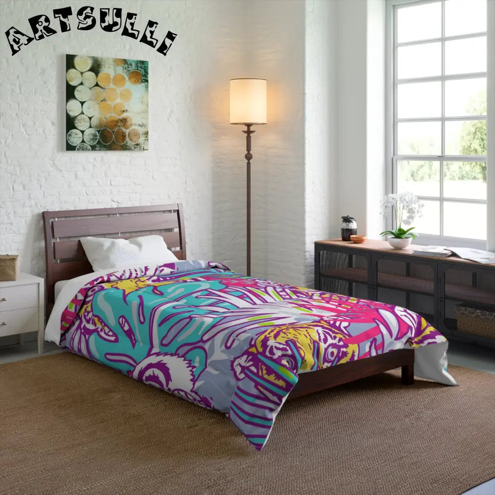JAKKOUTTHEBXX Tropical Floral Tigers Torquise and Purple Comforter