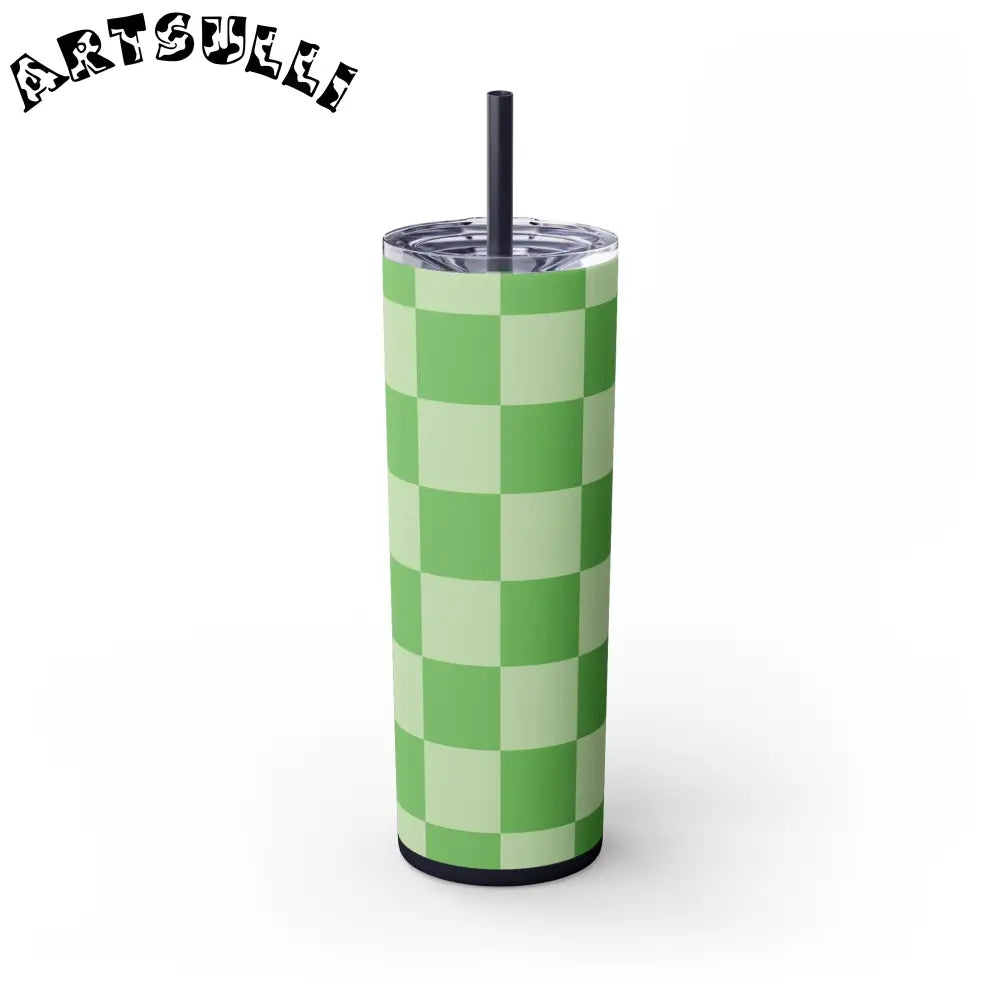 JAKKOUTTHEBXX Checkerboard Green Skinny Tumbler with Straw 20oz