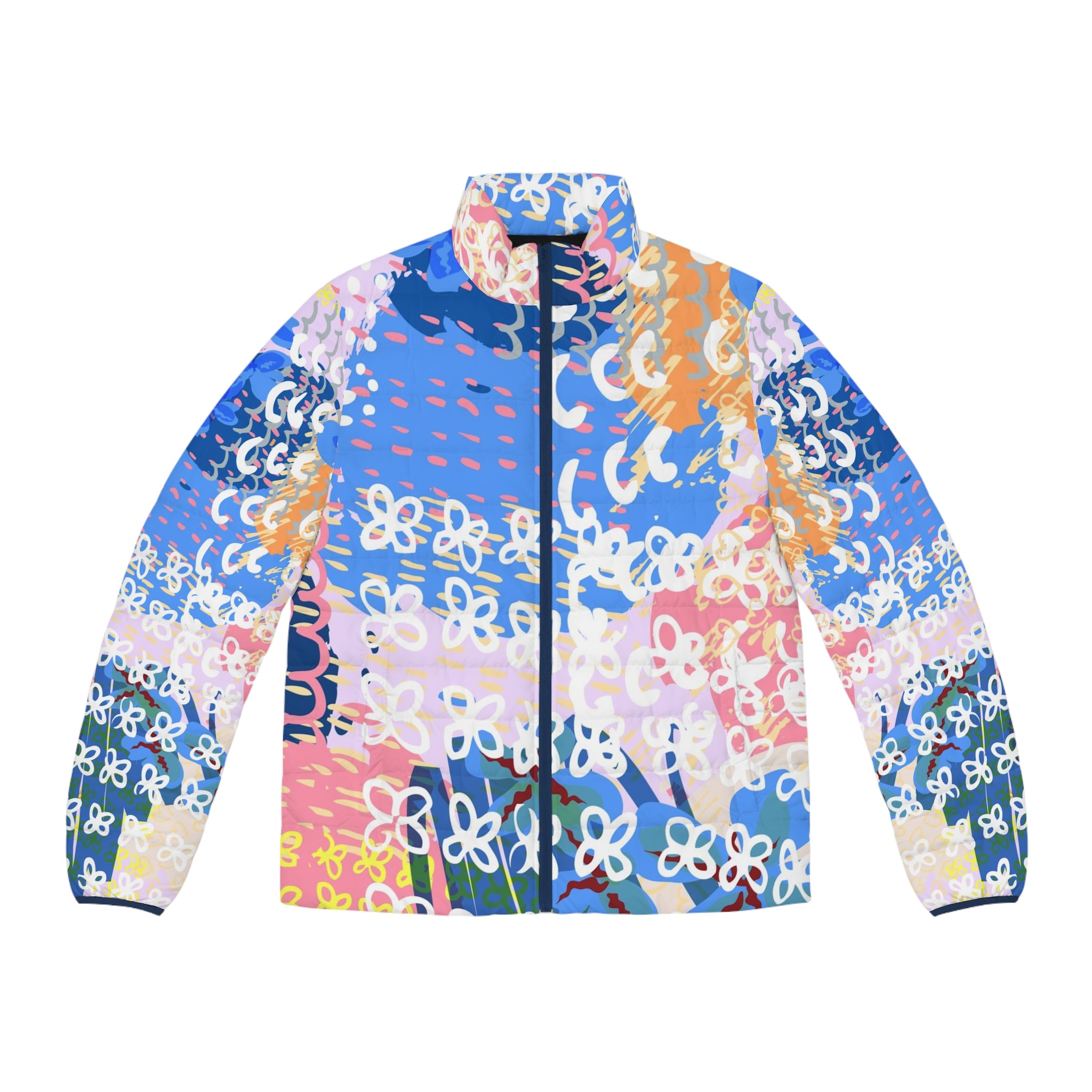 Flowers x Doodles x Hearts Multi-Color Men's Puffer Jacket (AOP), Artsulli - Art is Long, Life is Short, All Over Prints, Size, S, Color, Dark blue zipper, , , 26344028560990925975