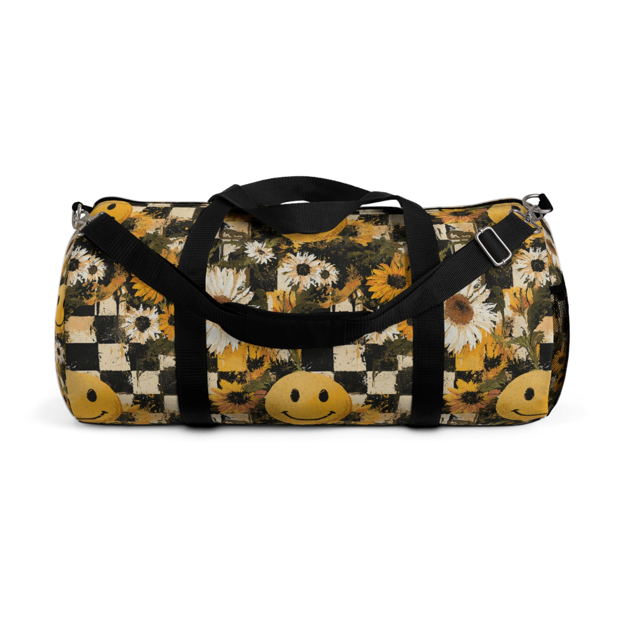 Smiley Face x Checkerboard x Sunflowers x Trippy x Vintage II Black and Yellow Duffel Bag, Artsulli - Art is Long, Life is Short, Bags, Size, Large, , , , , 32493766015326226994