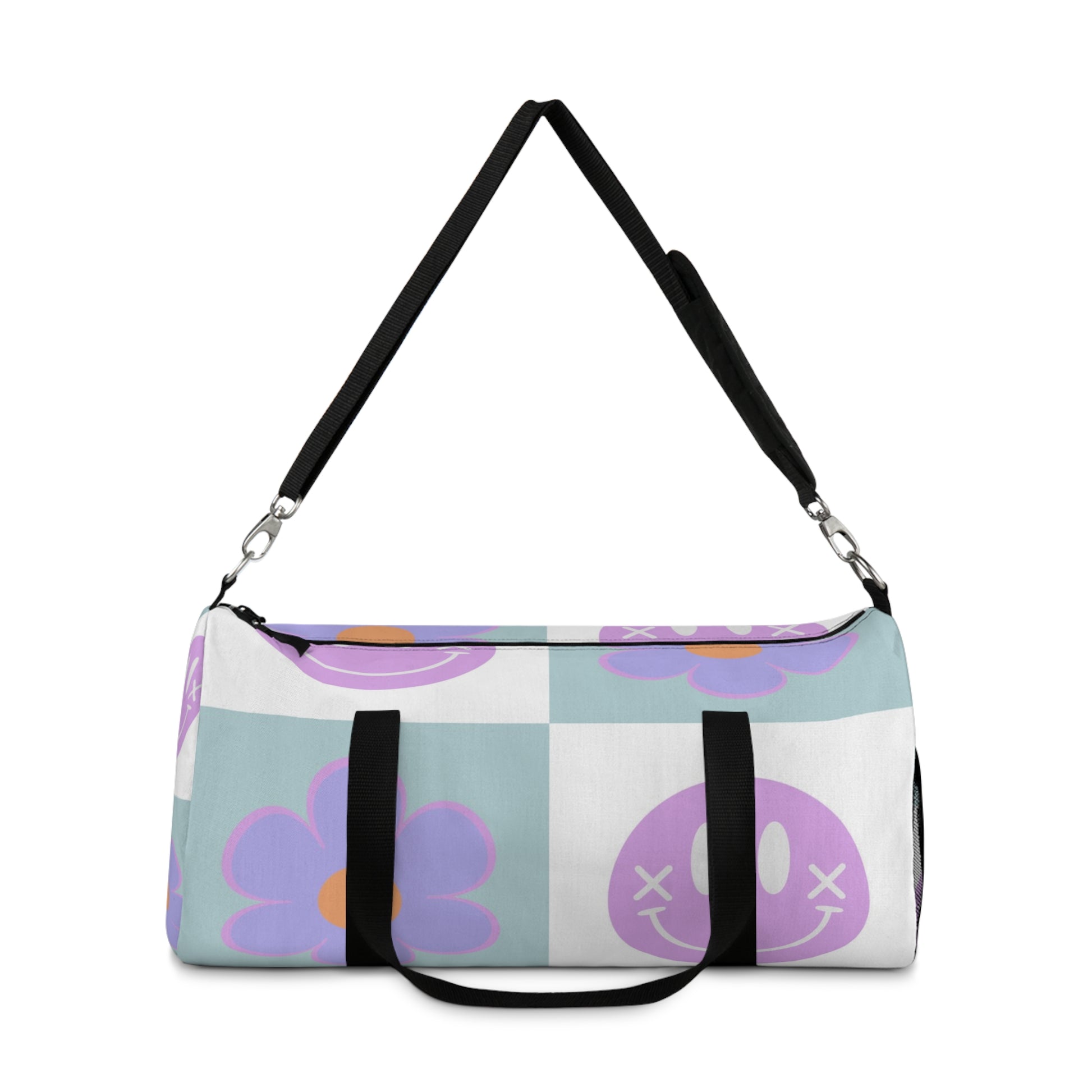 Flower x Smiley Face x Checkerboard Purple Duffel Bag, Artsulli - Art is Long, Life is Short, Bags, , , , , , , 