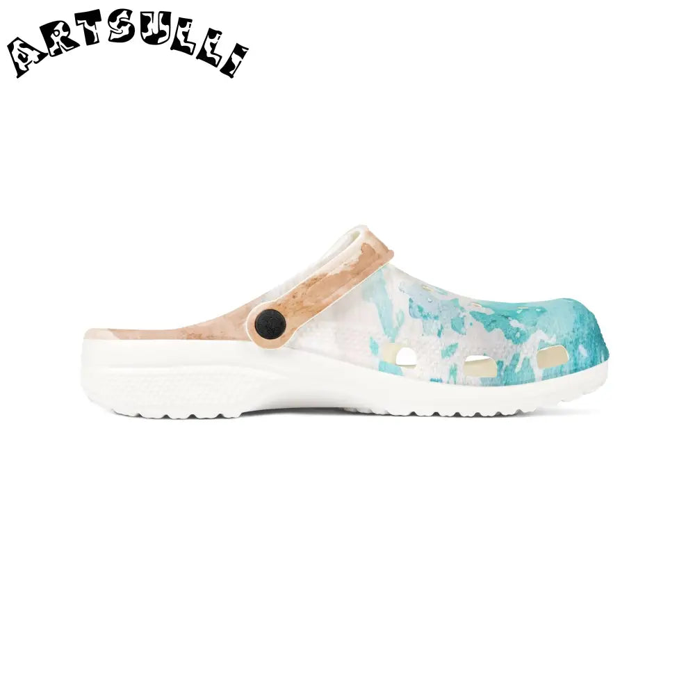 JAKKOUTTHEBXX Teal and Gold Speckled EVA Foam Clogs JAKKOUTTHEBXX