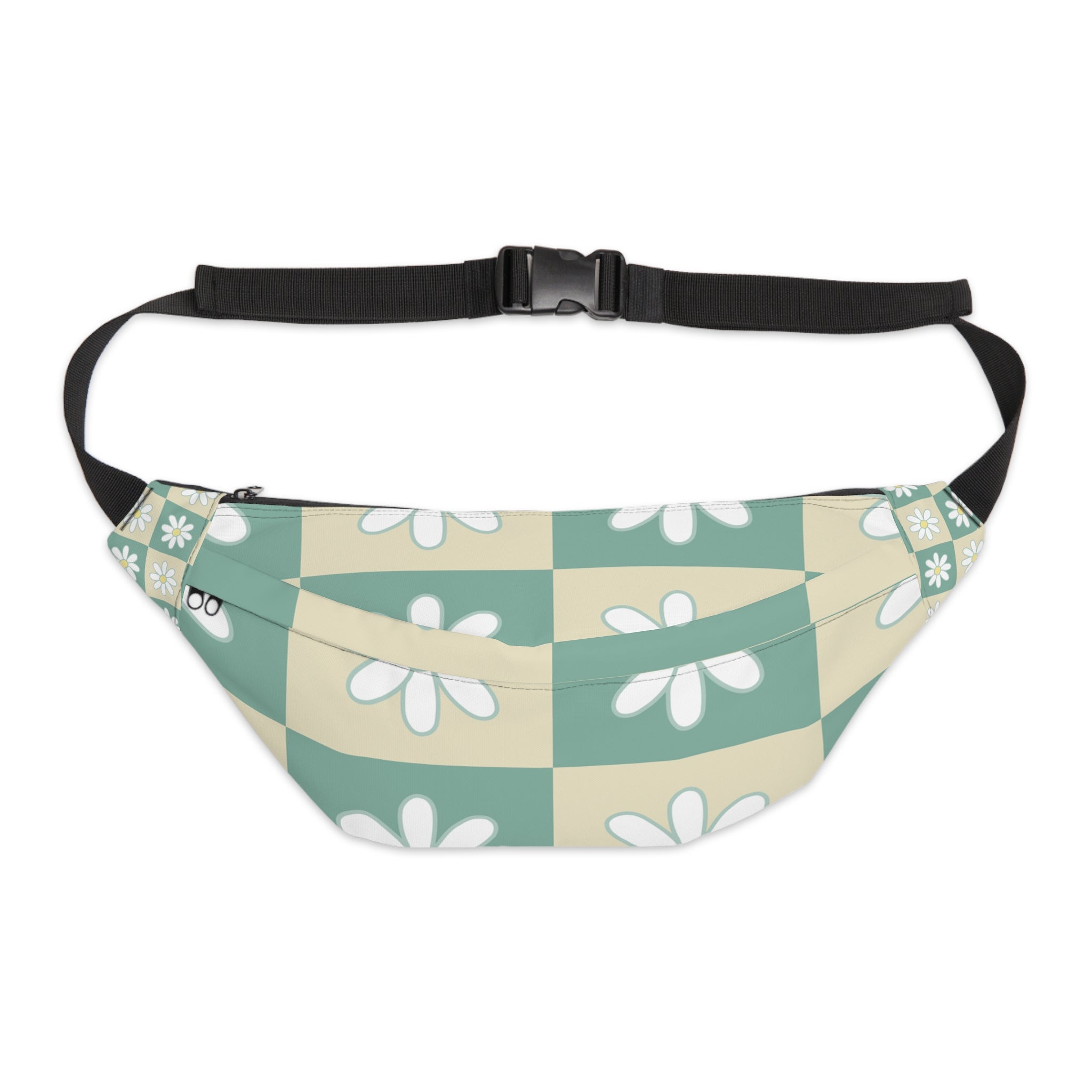 Retro Daisy Checkerboard Green and Tan Large Fanny Pack, Artsulli - Art is Long, Life is Short, Bags, Size, 8" × 9" × 4'', , , , , 90694768374905479443