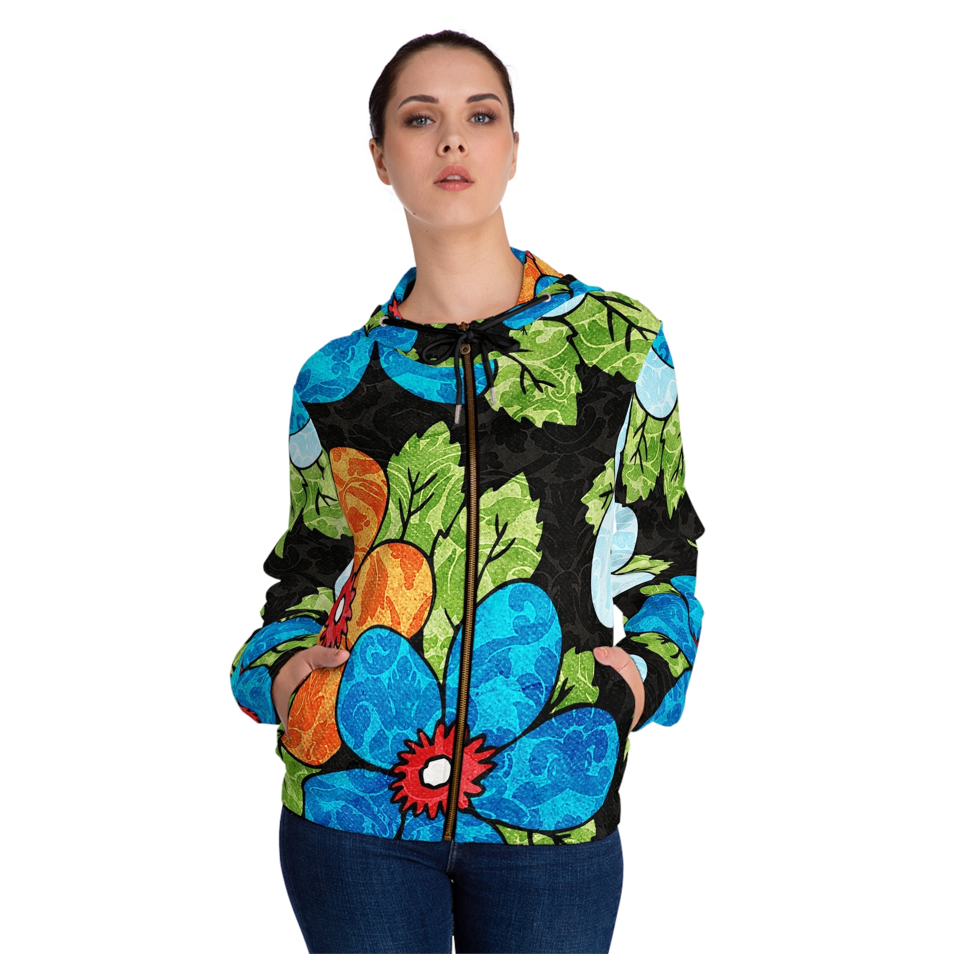 Groovy Black Floral Kl Women’s Full-Zip Hoodie (AOP), Artsulli - Art is Long, Life is Short, All Over Prints, , , , , , , 