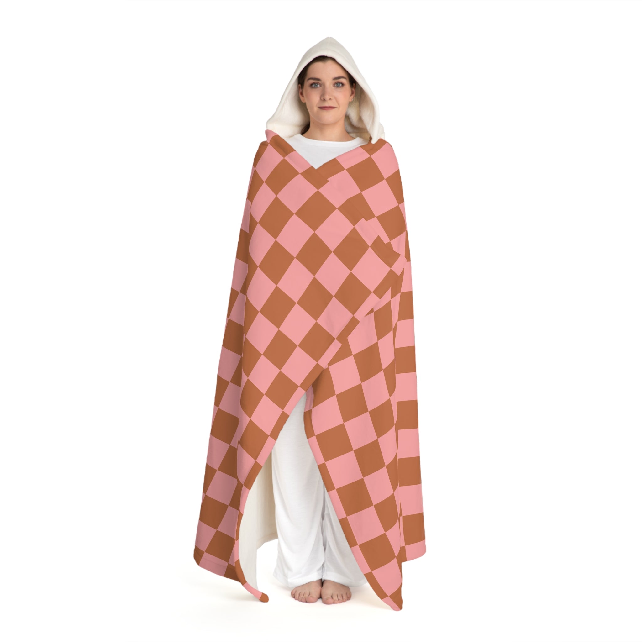 Chessboard III Pink and Brown  Hooded Sherpa Fleece Blanket, Artsulli - Art is Long, Life is Short, All Over Prints, , , , , , , 