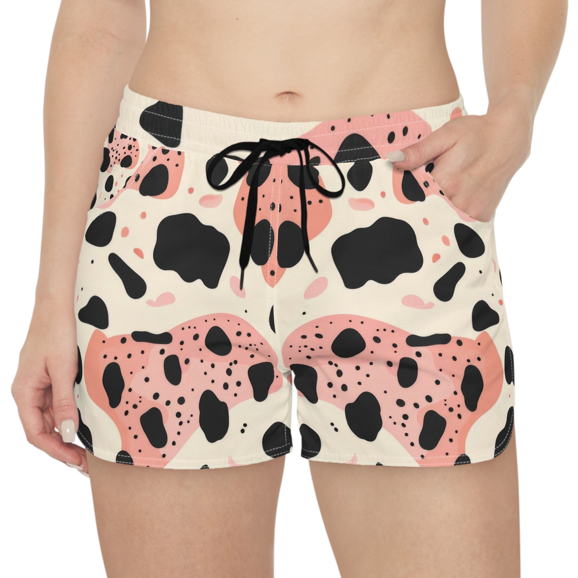 Organic Cow Print Cream and Pink Women's Casual Shorts (AOP), Artsulli - Art is Long, Life is Short, All Over Prints, , , , , , , 