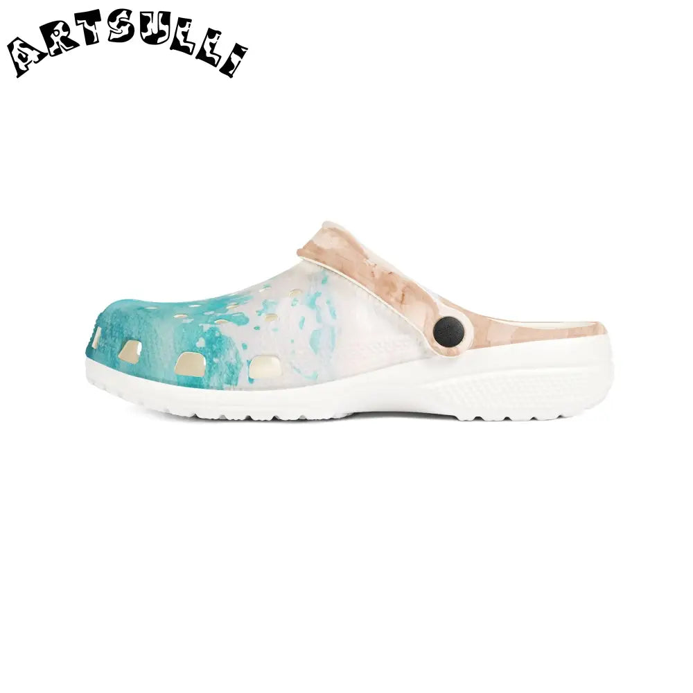 JAKKOUTTHEBXX Teal and Gold Speckled EVA Foam Clogs JAKKOUTTHEBXX
