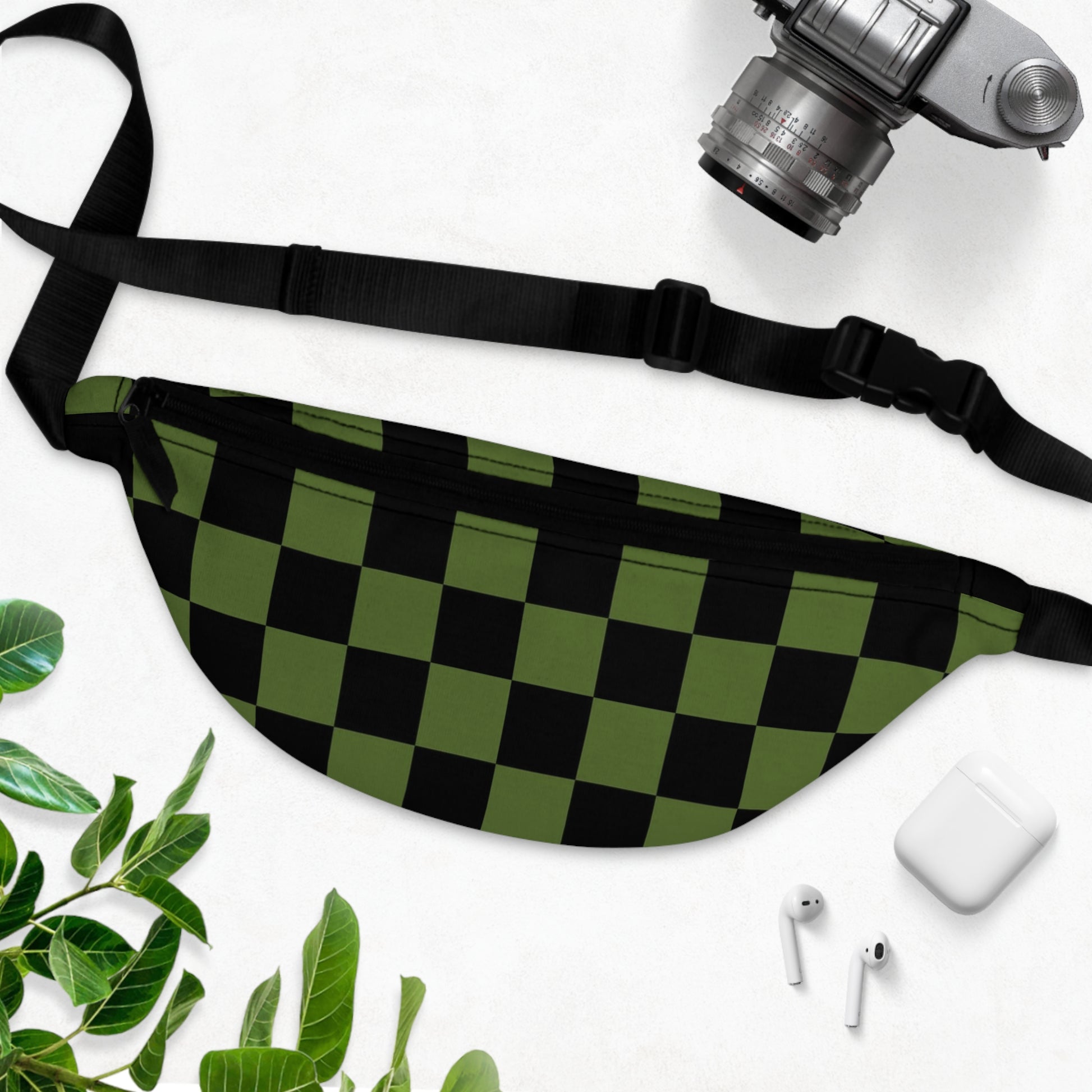 Checkerboard Olive Green and Black Fanny Pack, Artsulli - Art is Long, Life is Short, Bags, , , , , , , 