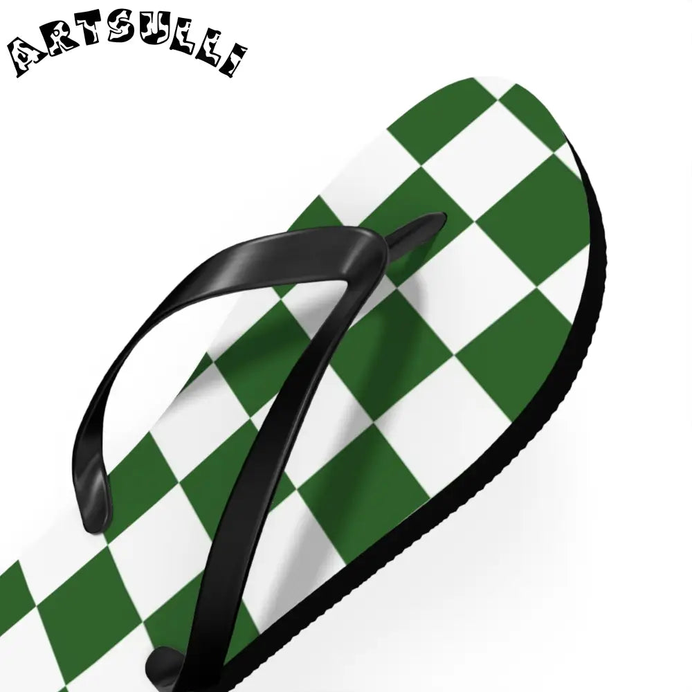 JAKKOUTTHEBXX Checkerboard White and Dark Green Flip Flops
