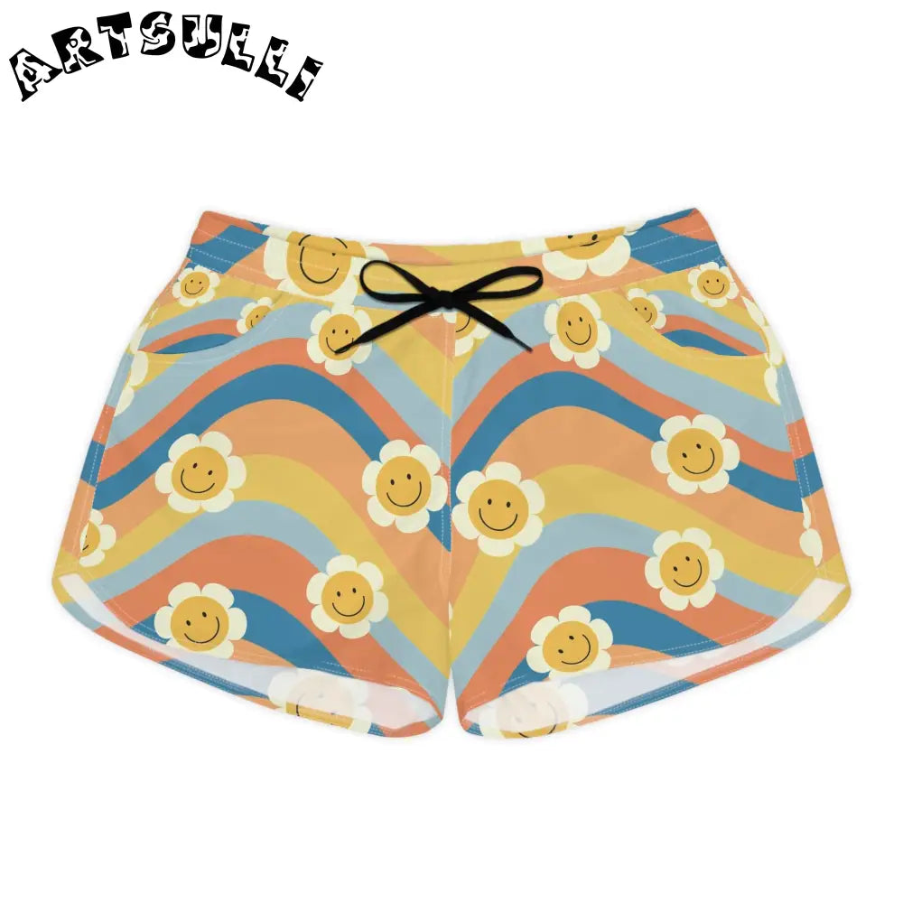 70s Smiley Wave Women's Casual Shorts (AOP), Artsulli - Art is Long, Life is Short, All Over Prints, Size, S, Color, Black drawstring, , , 16330358577035