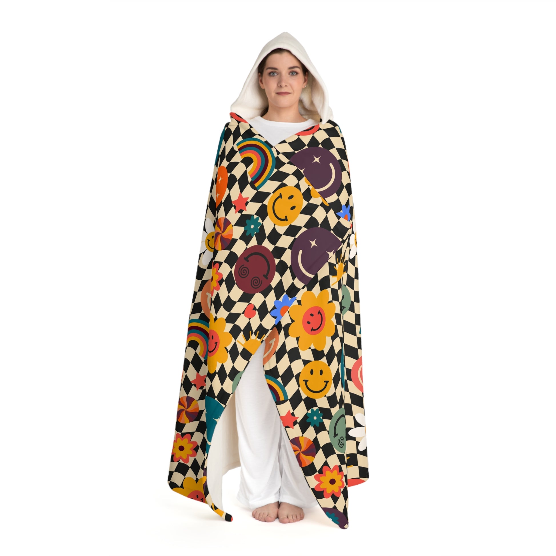 Trippy x Wavy Checkerboard x Smiley Face x Rainbow x Flowers III Multi-Color Hooded Sherpa Fleece Blanket, Artsulli - Art is Long, Life is Short, All Over Prints, , , , , , , 